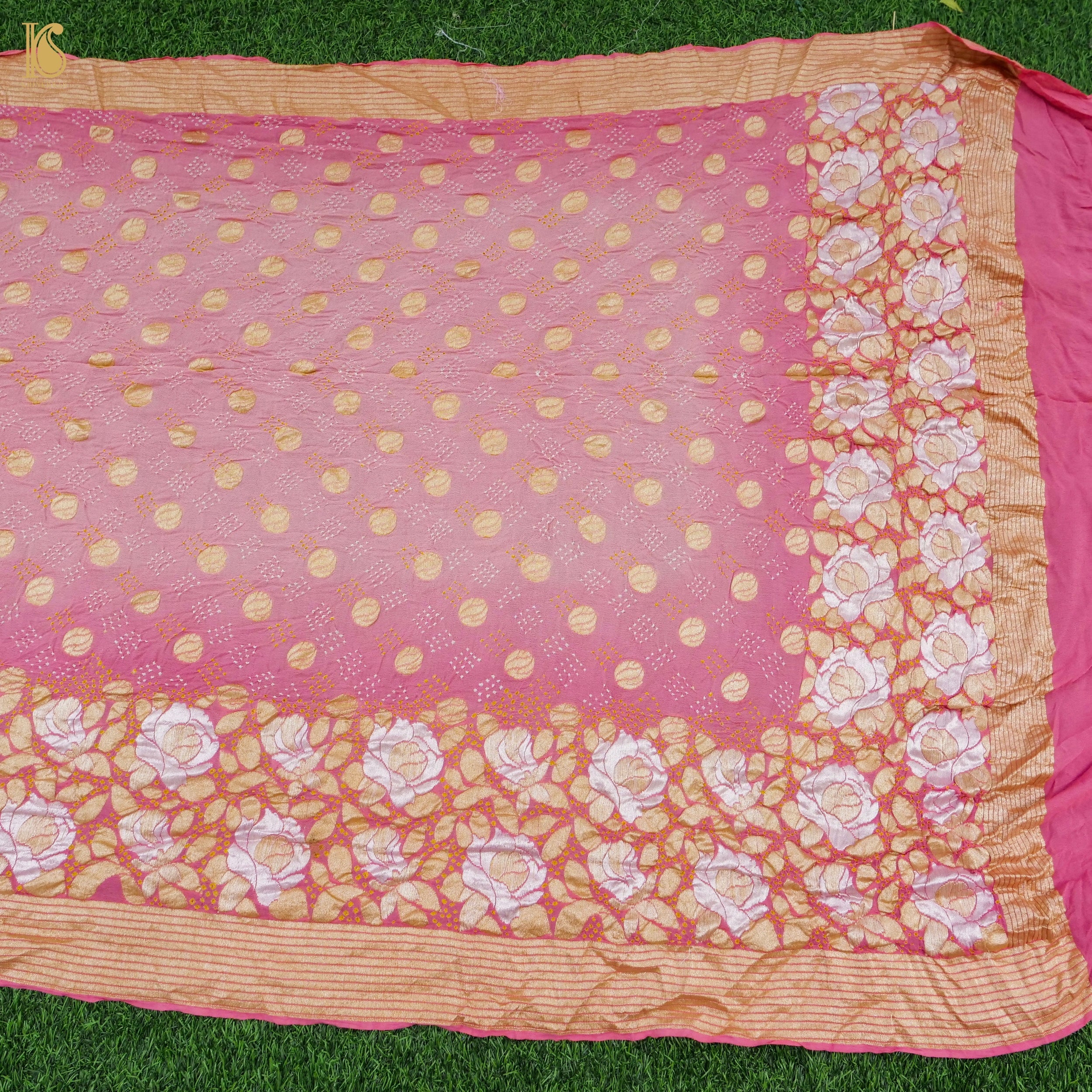 Hopbush Pink Pure Georgette Handloom Banarasi Bandhani Rose Saree - Khinkhwab