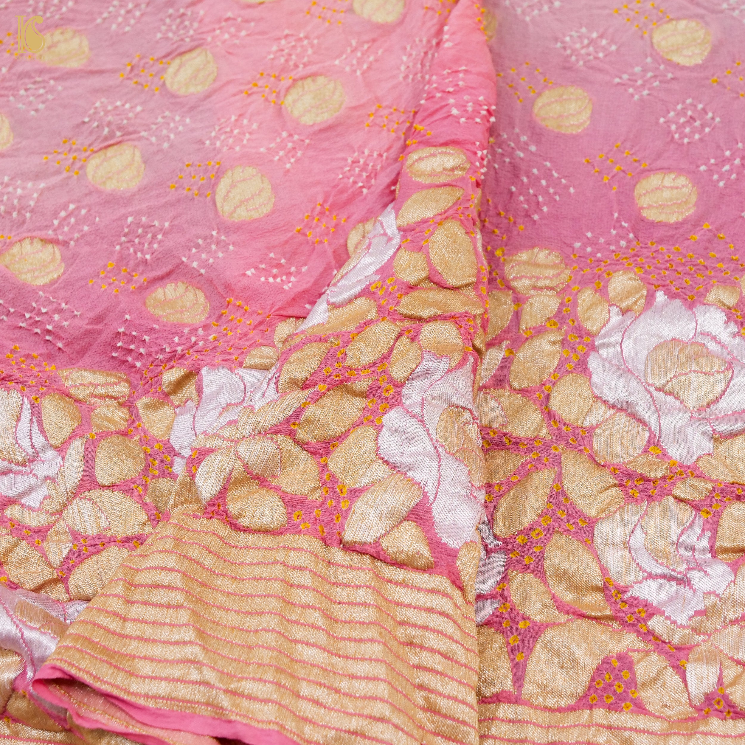 Hopbush Pink Pure Georgette Handloom Banarasi Bandhani Rose Saree - Khinkhwab