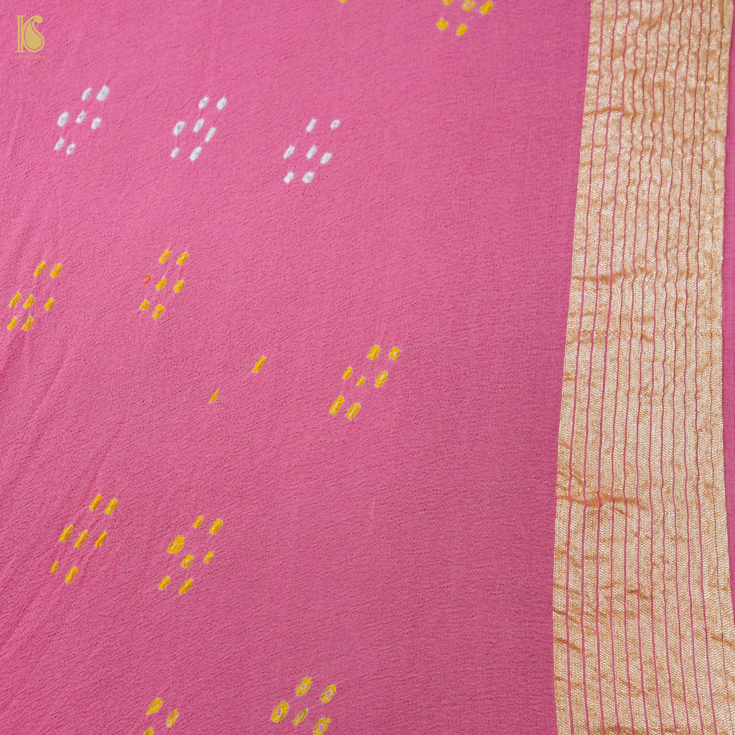 Hopbush Pink Pure Georgette Handloom Banarasi Bandhani Rose Saree - Khinkhwab