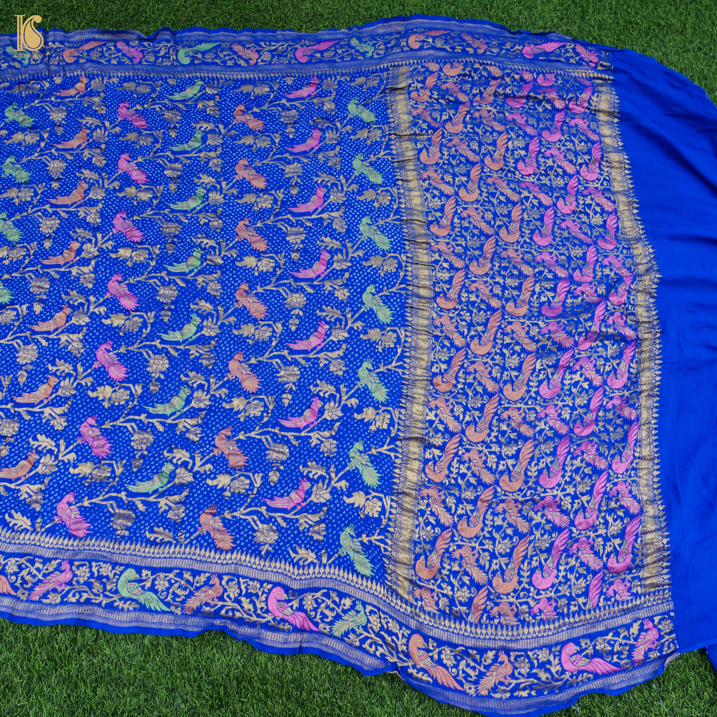 Persian Blue Handloom Banarasi Pure Georgette Birds Bandhani Saree - Khinkhwab