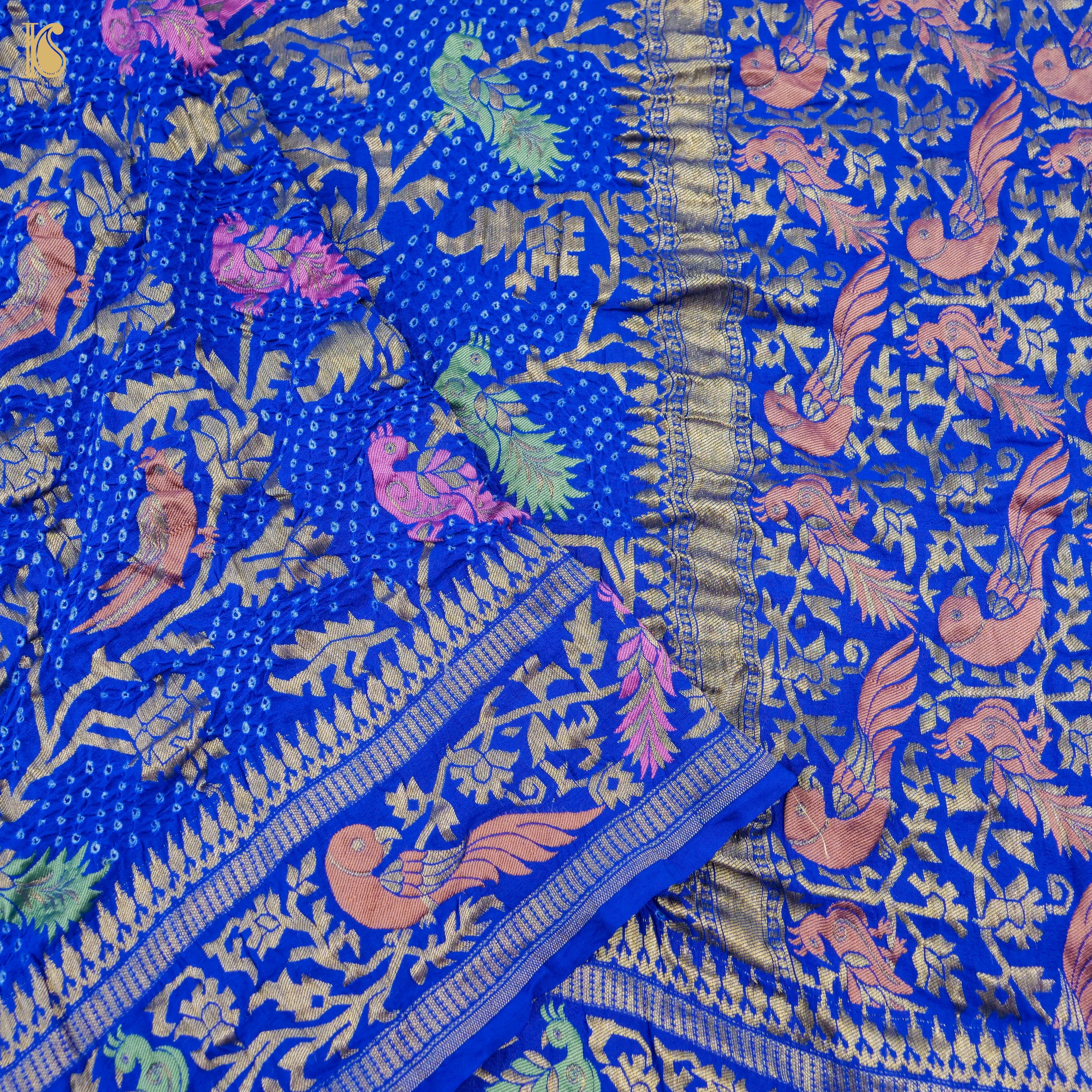 Persian Blue Handloom Banarasi Pure Georgette Birds Bandhani Saree - Khinkhwab