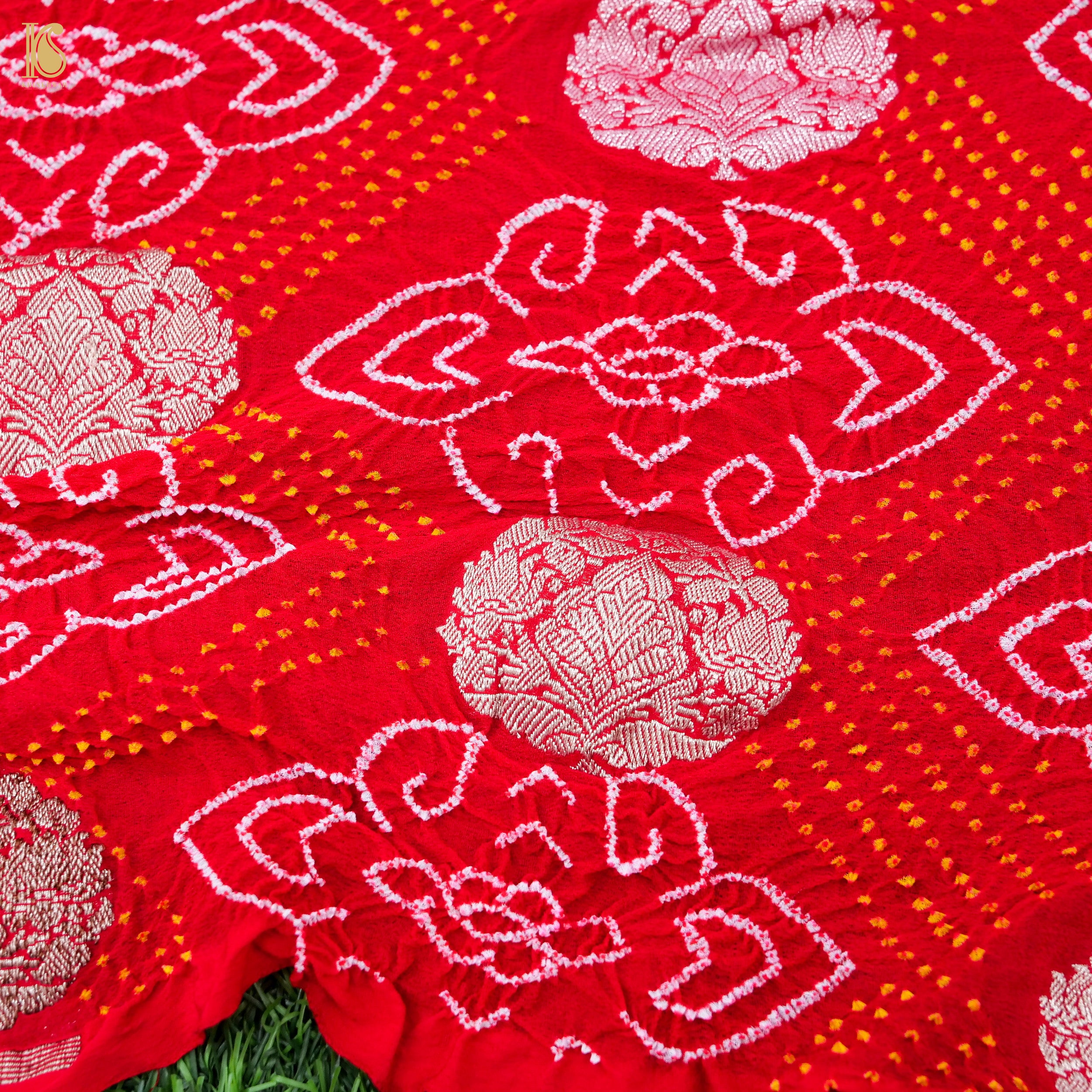 Red & Pink Pure Georgette Handloom Banarasi Bandhani Saree - Khinkhwab