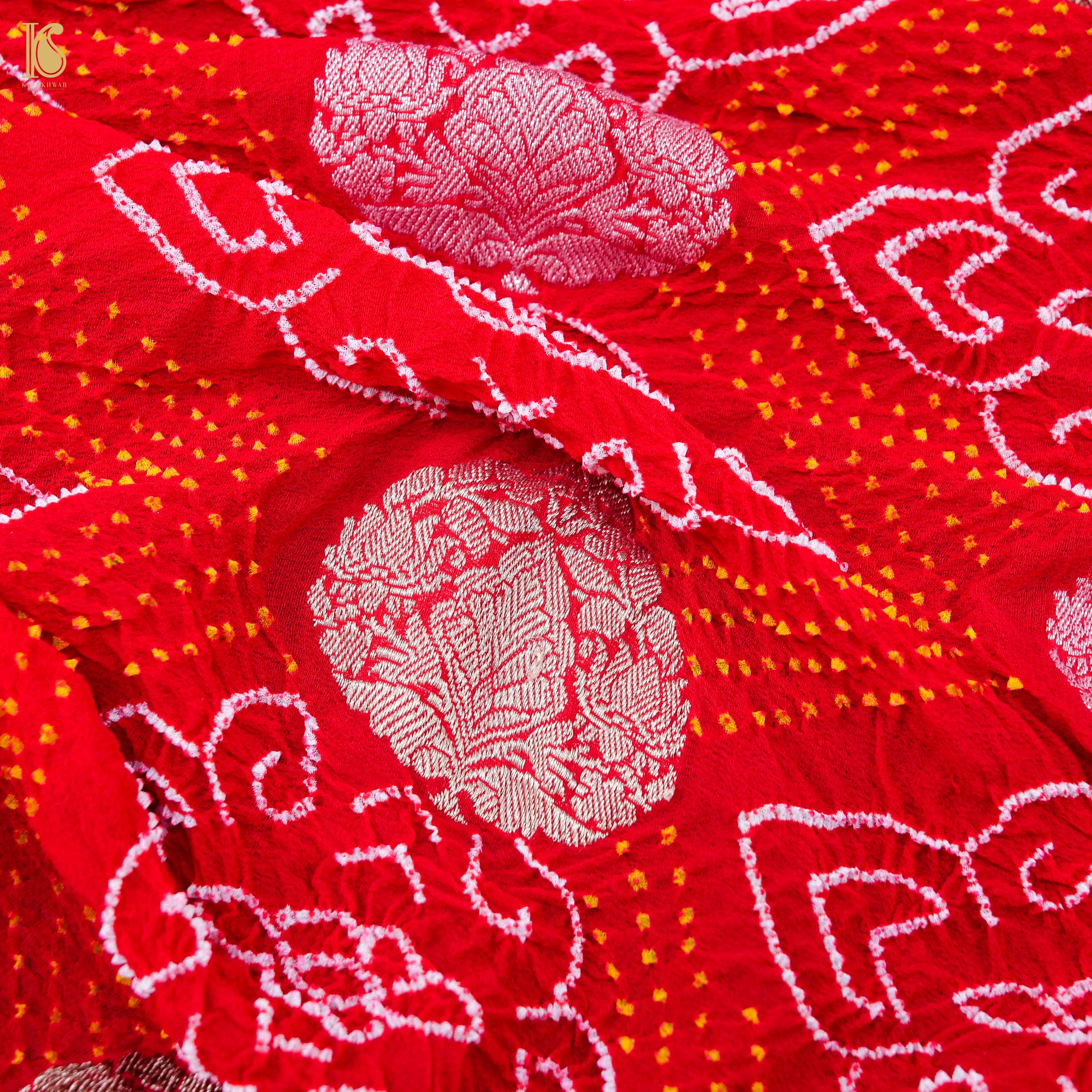 Red & Pink Pure Georgette Handloom Banarasi Bandhani Saree - Khinkhwab