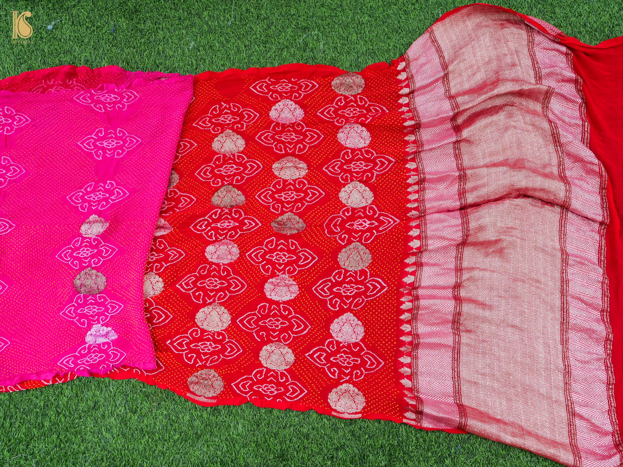 Red & Pink Pure Georgette Handloom Banarasi Bandhani Saree - Khinkhwab