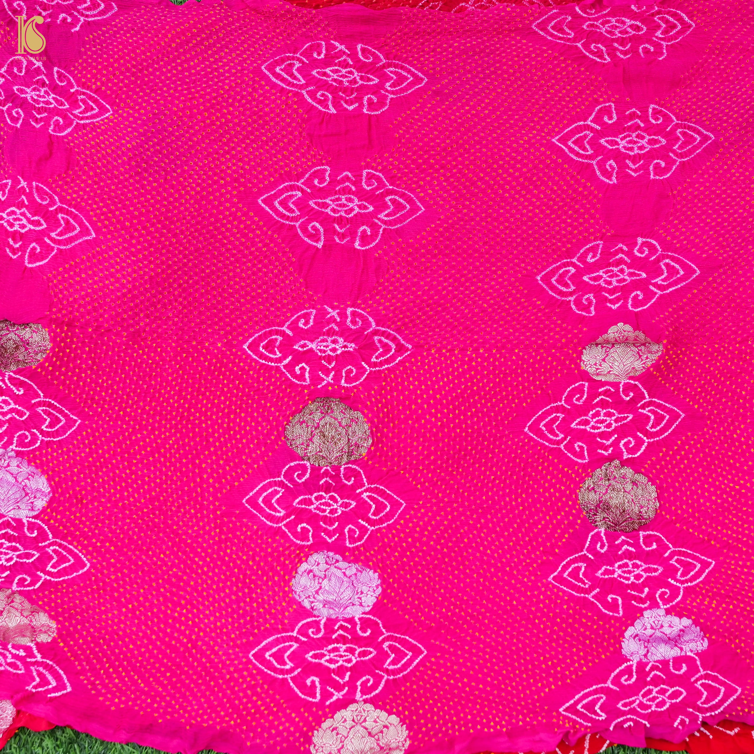Red & Pink Pure Georgette Handloom Banarasi Bandhani Saree - Khinkhwab