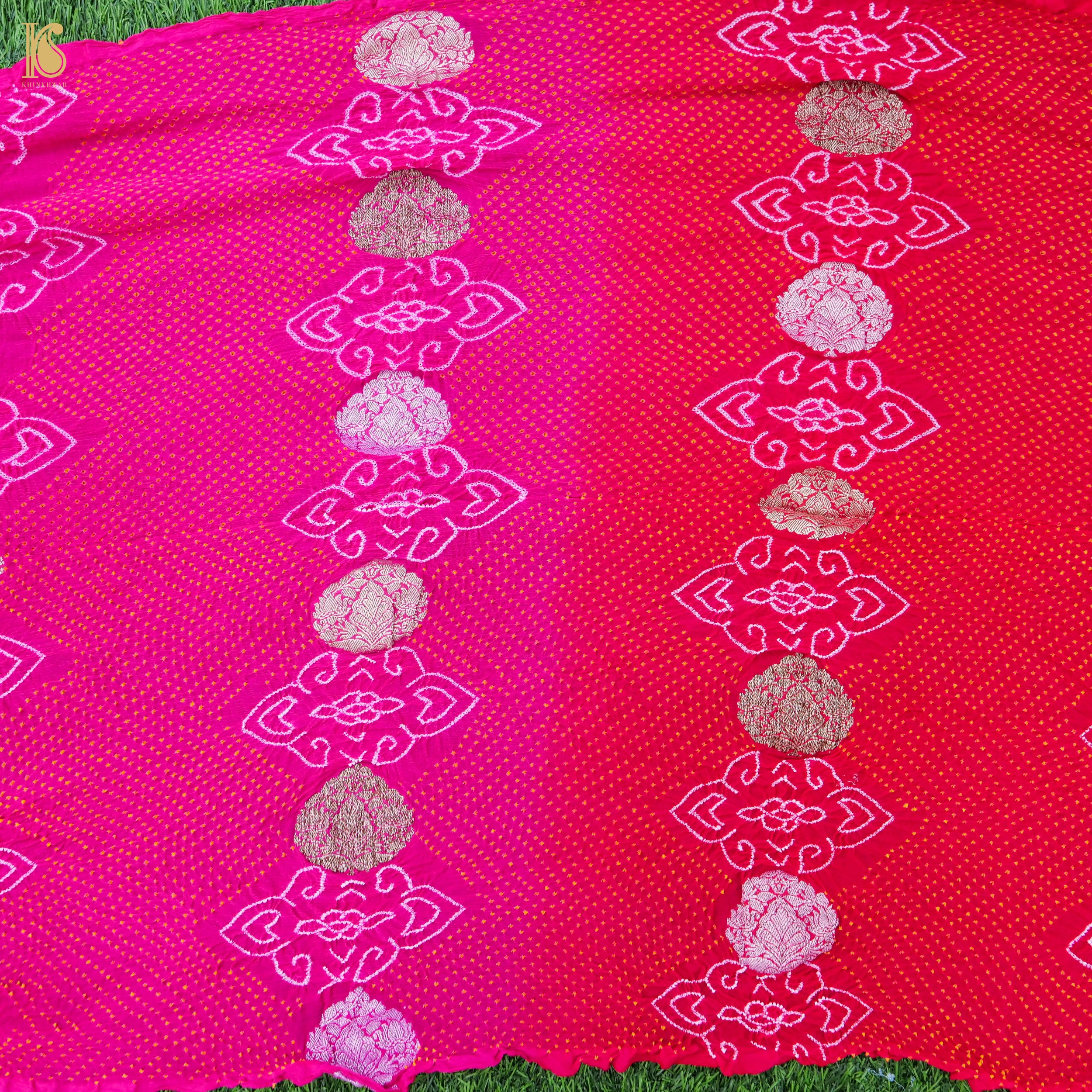 Red & Pink Pure Georgette Handloom Banarasi Bandhani Saree - Khinkhwab
