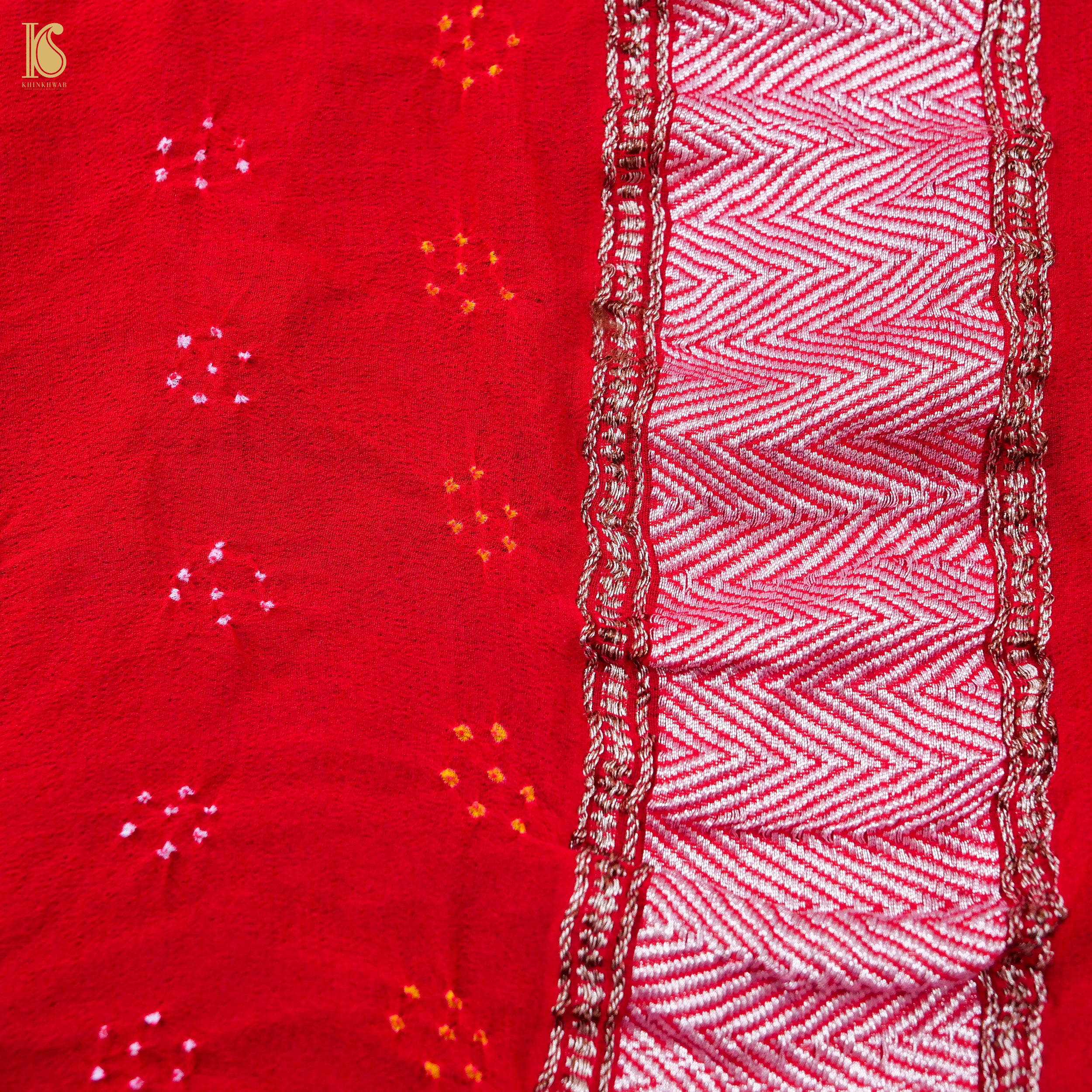 Red & Pink Pure Georgette Handloom Banarasi Bandhani Saree - Khinkhwab