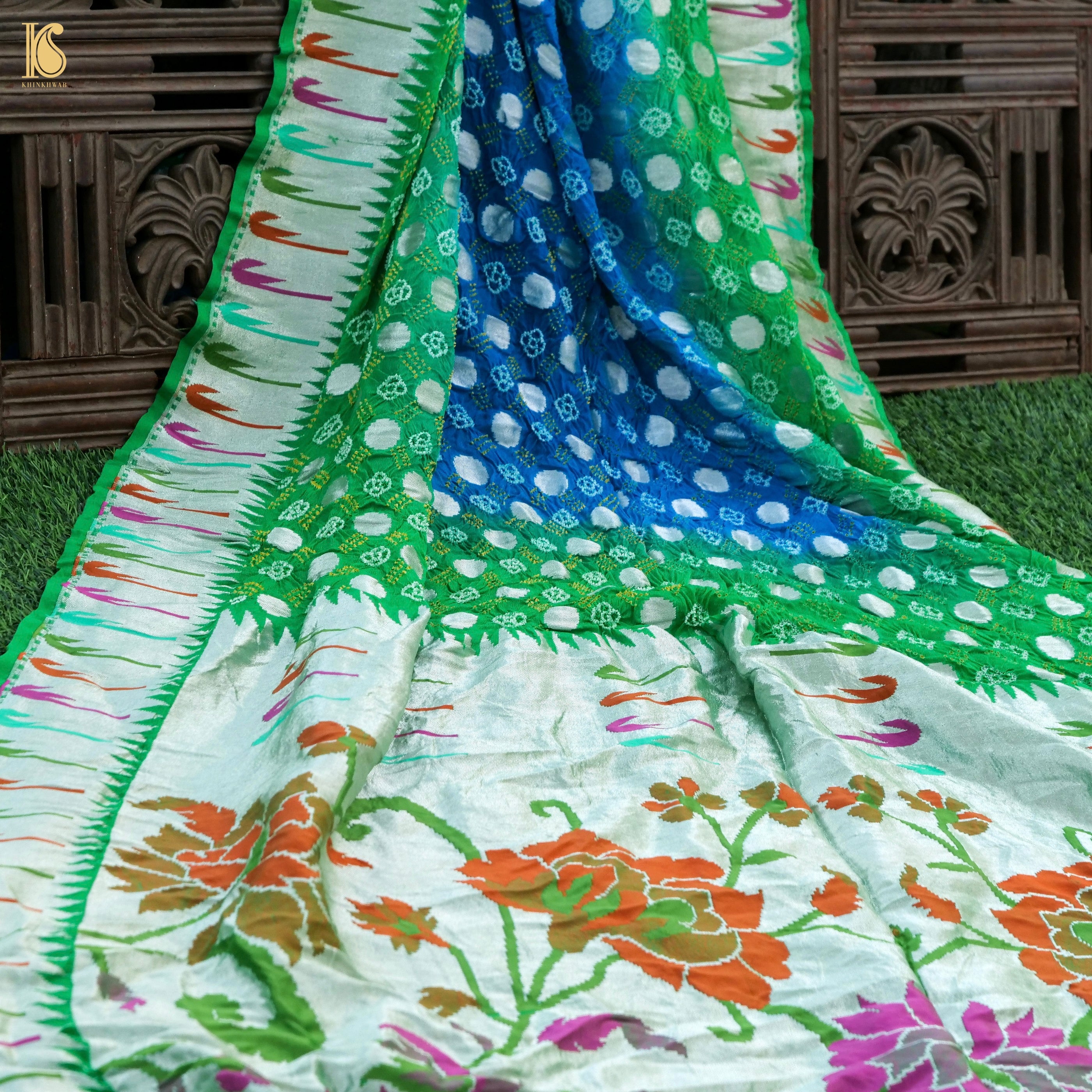 Blue & Green Pure Georgette Muniya Border Banarasi Bareek Bandhani Saree - Khinkhwab