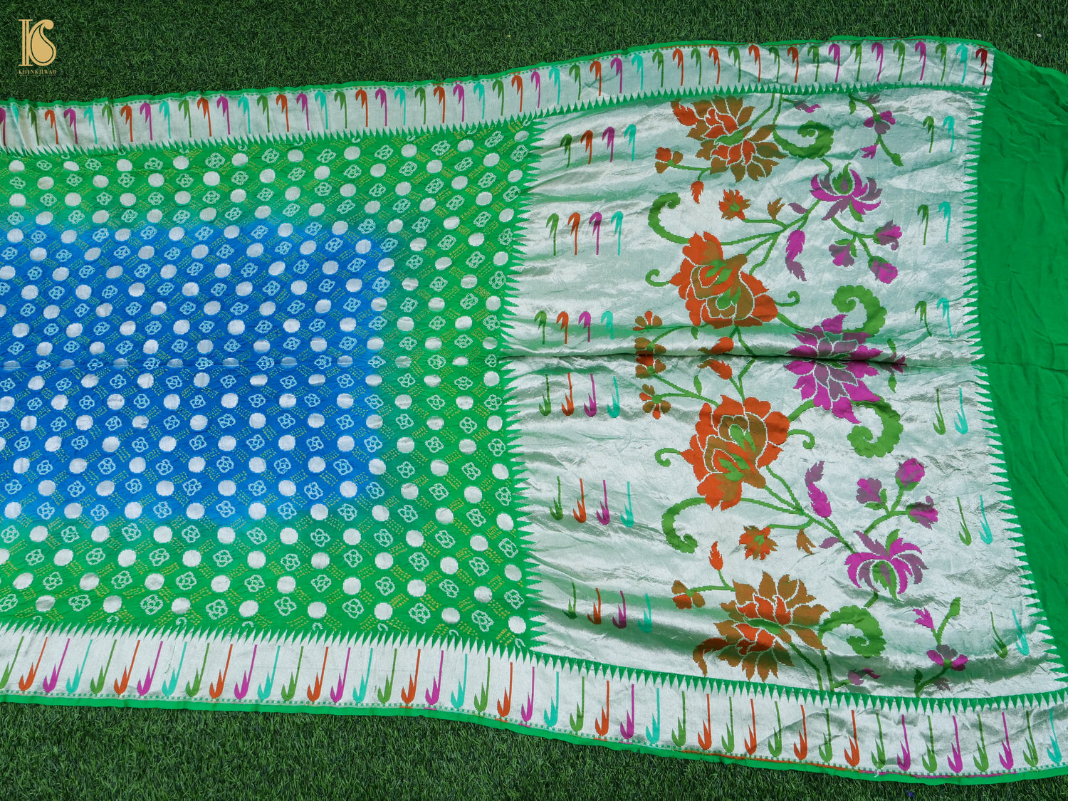 Blue & Green Pure Georgette Muniya Border Banarasi Bareek Bandhani Saree - Khinkhwab