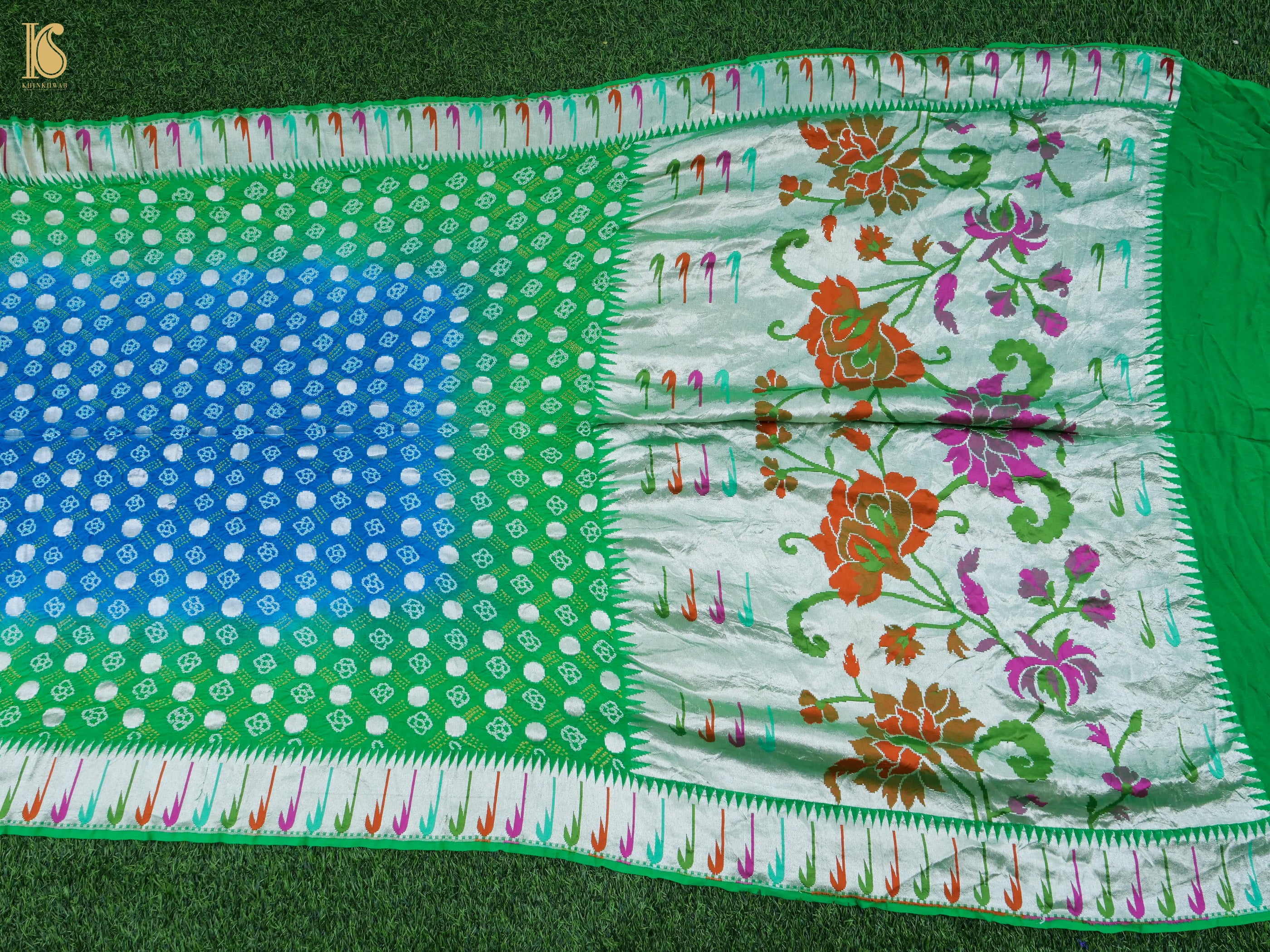 Blue & Green Pure Georgette Muniya Border Banarasi Bareek Bandhani Saree - Khinkhwab