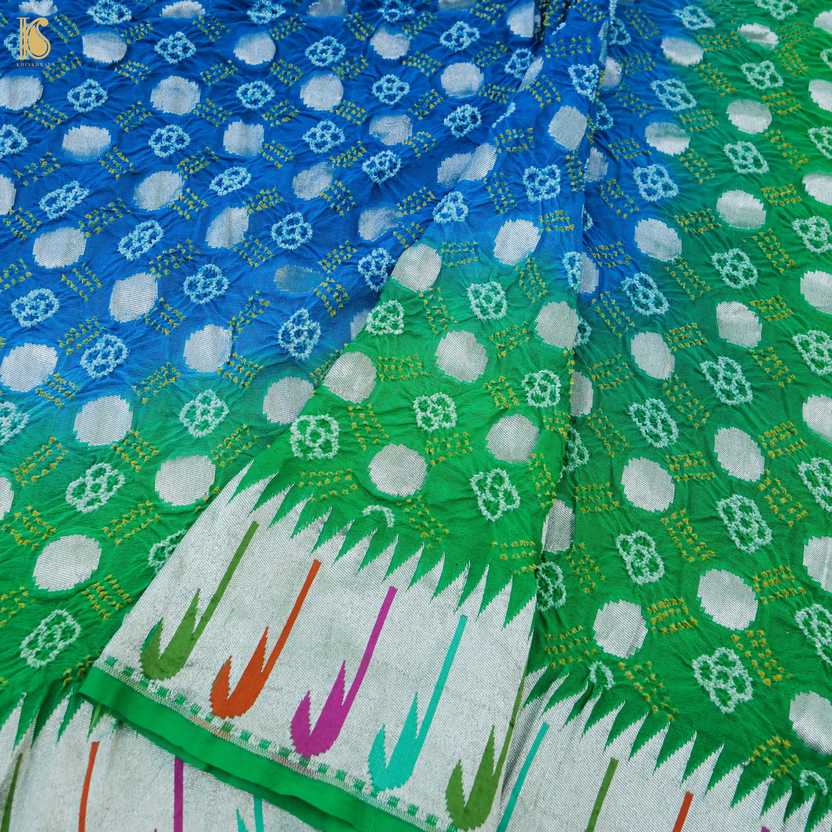 Blue & Green Pure Georgette Muniya Border Banarasi Bareek Bandhani Saree - Khinkhwab