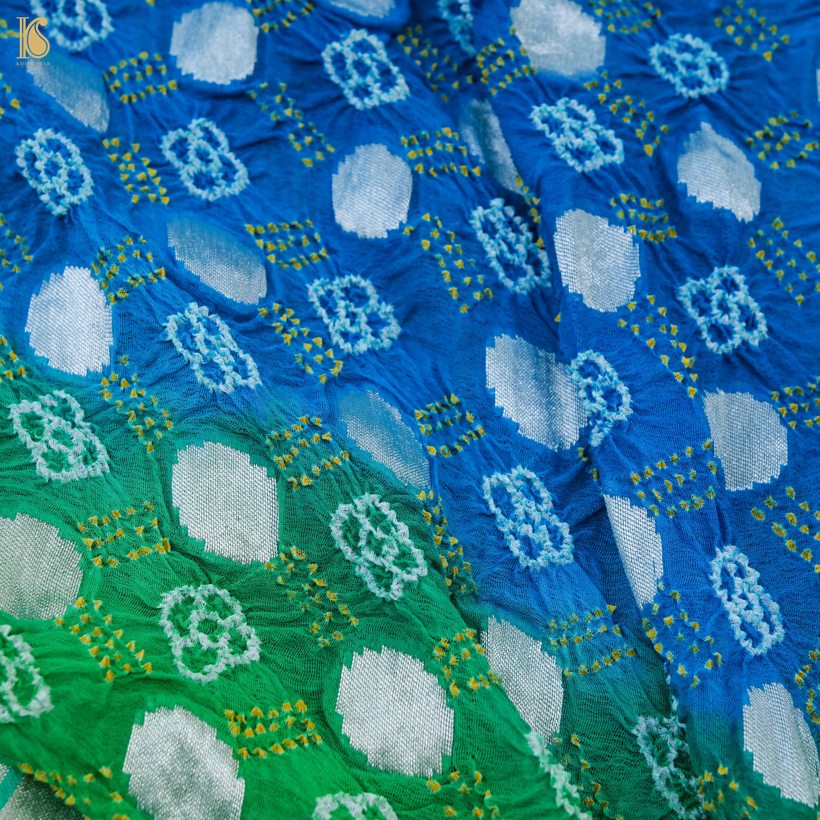 Blue & Green Pure Georgette Muniya Border Banarasi Bareek Bandhani Saree - Khinkhwab