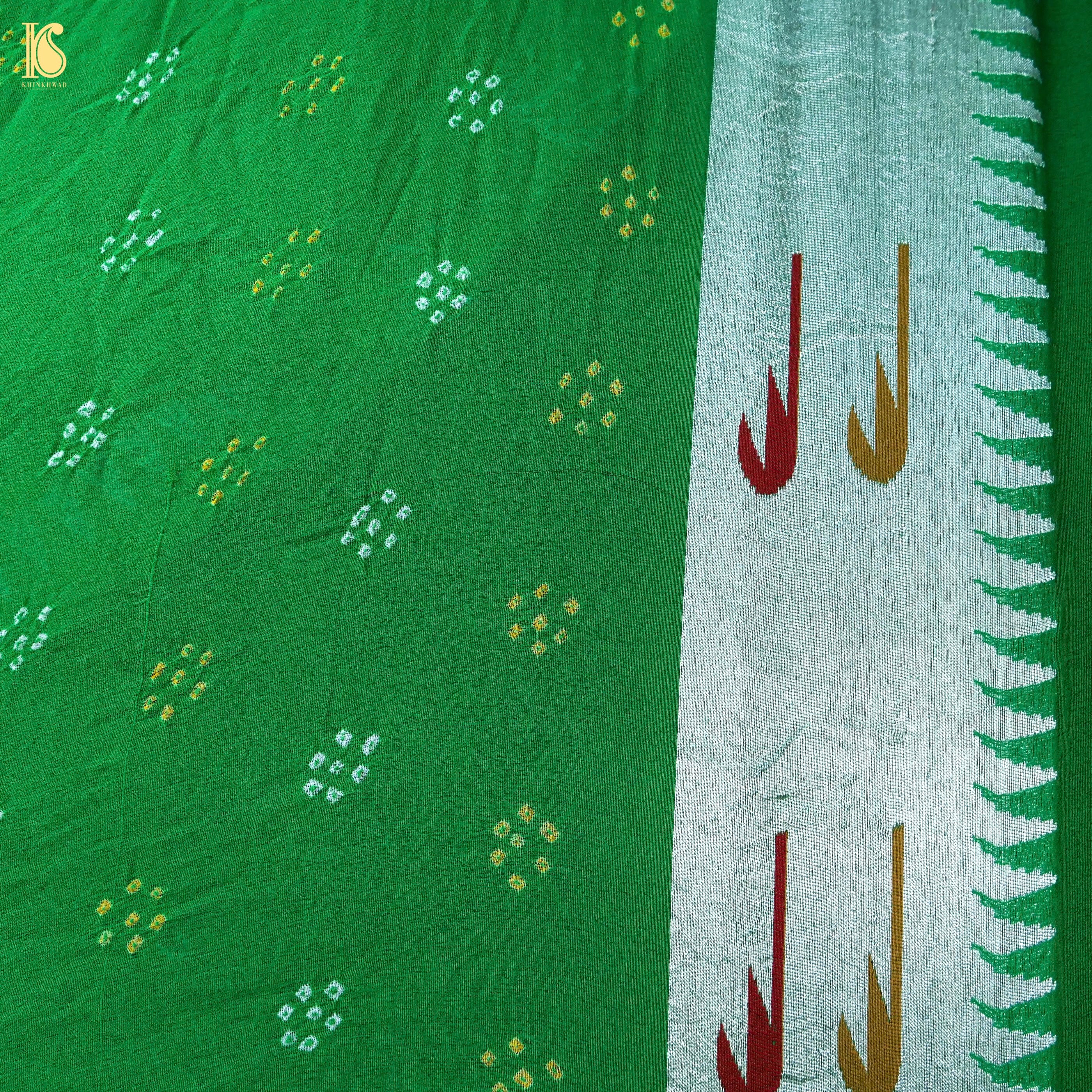 Blue & Green Pure Georgette Muniya Border Banarasi Bareek Bandhani Saree - Khinkhwab