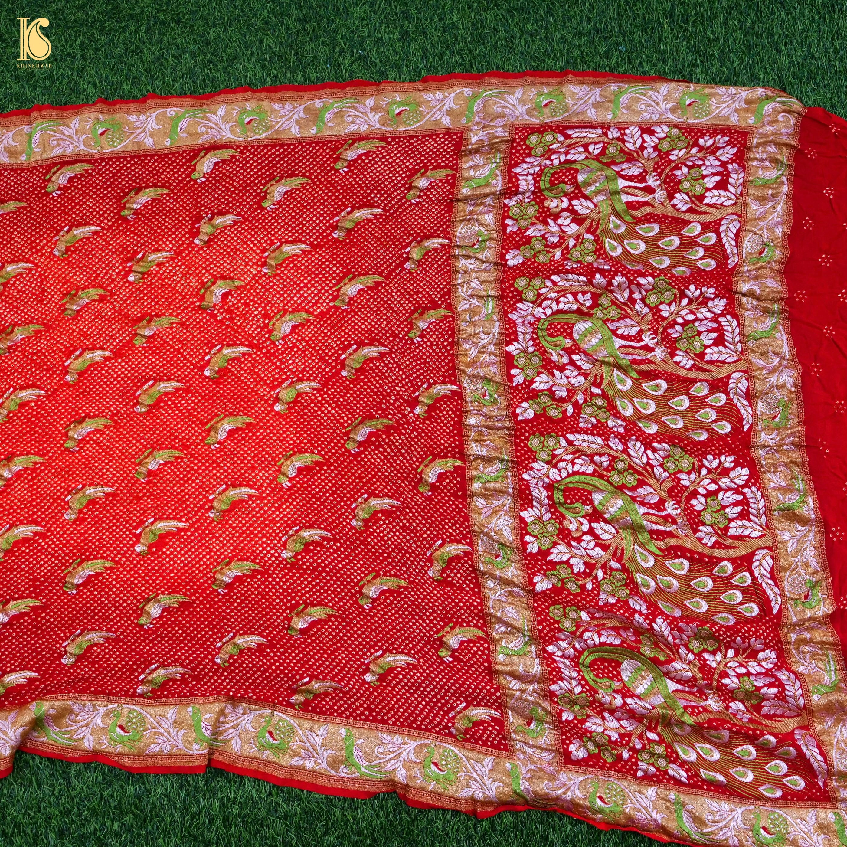 Birds of Paradise - Red Pure Georgette Handloom Banarasi Bareek Bandhani Saree - Khinkhwab