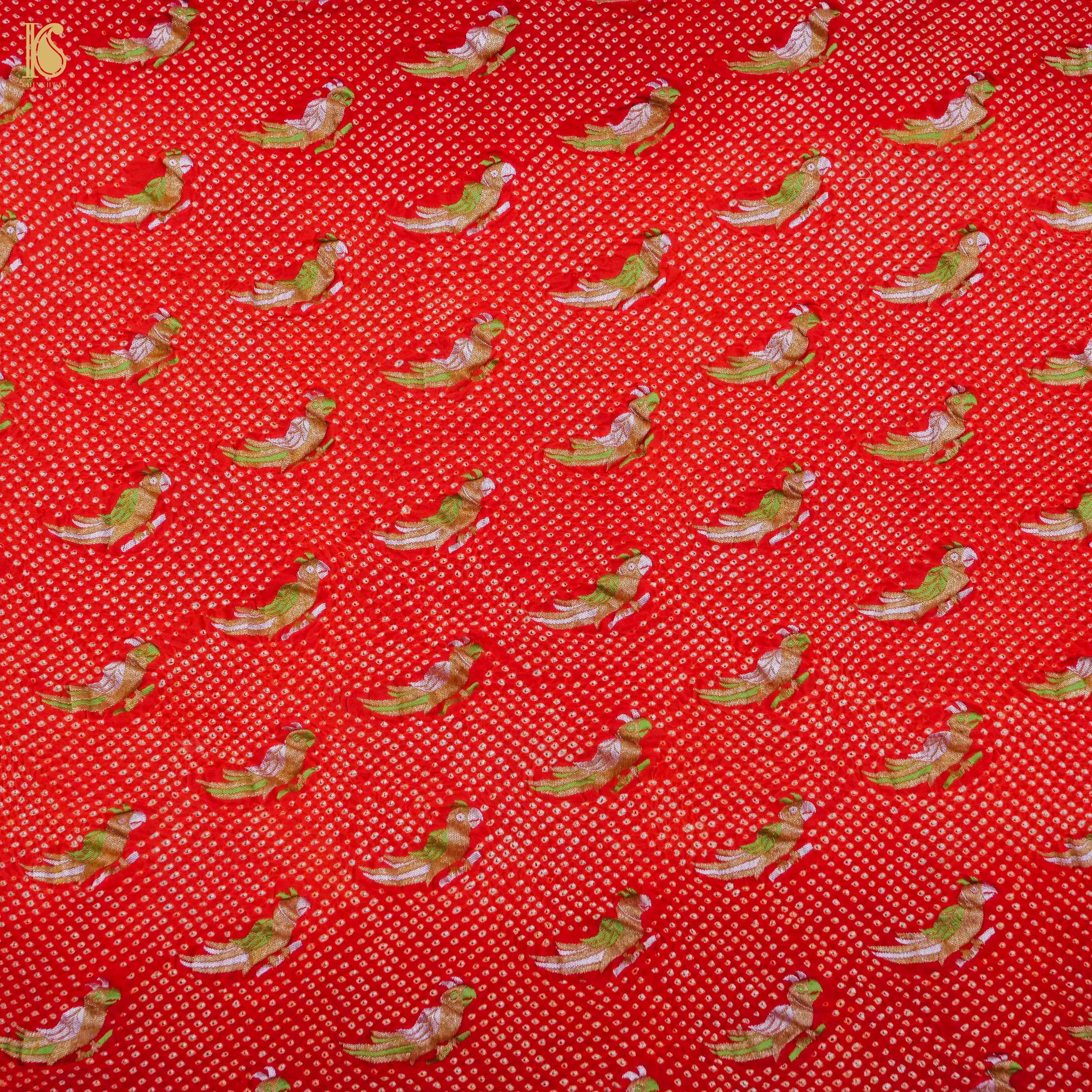 Birds of Paradise - Red Pure Georgette Handloom Banarasi Bareek Bandhani Saree - Khinkhwab