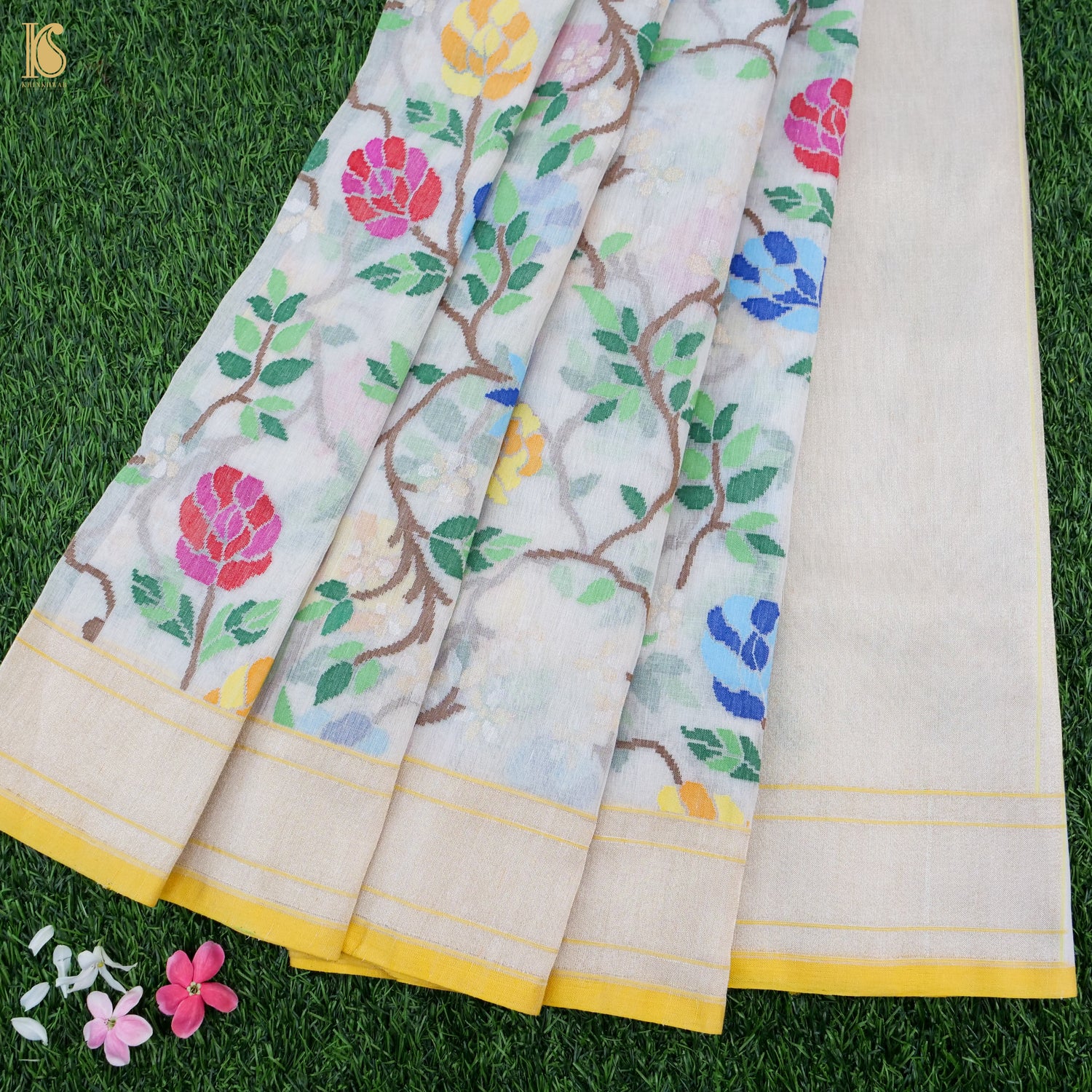 Pearl White Handwoven Pure Cotton Real Silver Zari Banarasi Saree - Khinkhwab