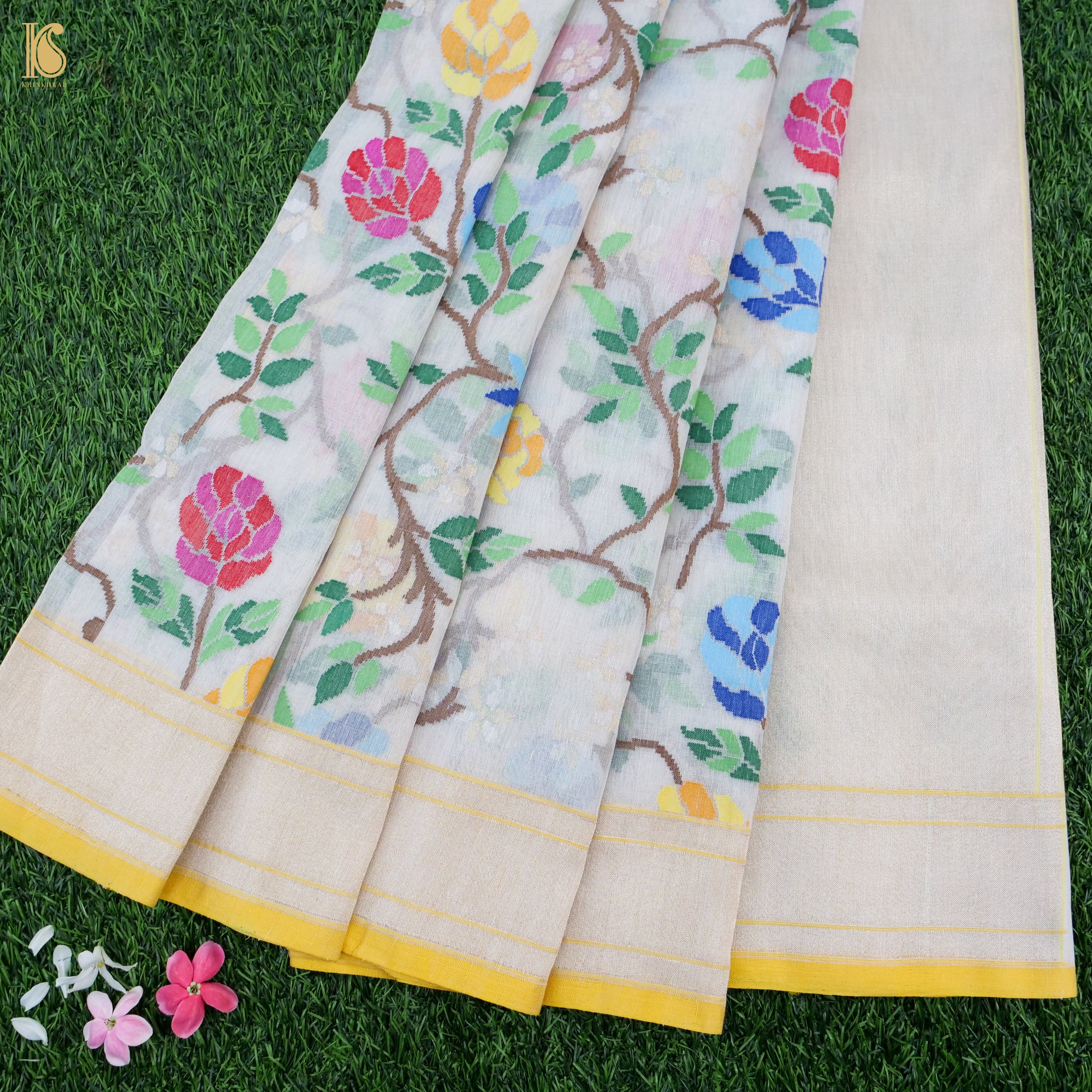 Pearl White Handwoven Pure Cotton Real Silver Zari Banarasi Saree - Khinkhwab