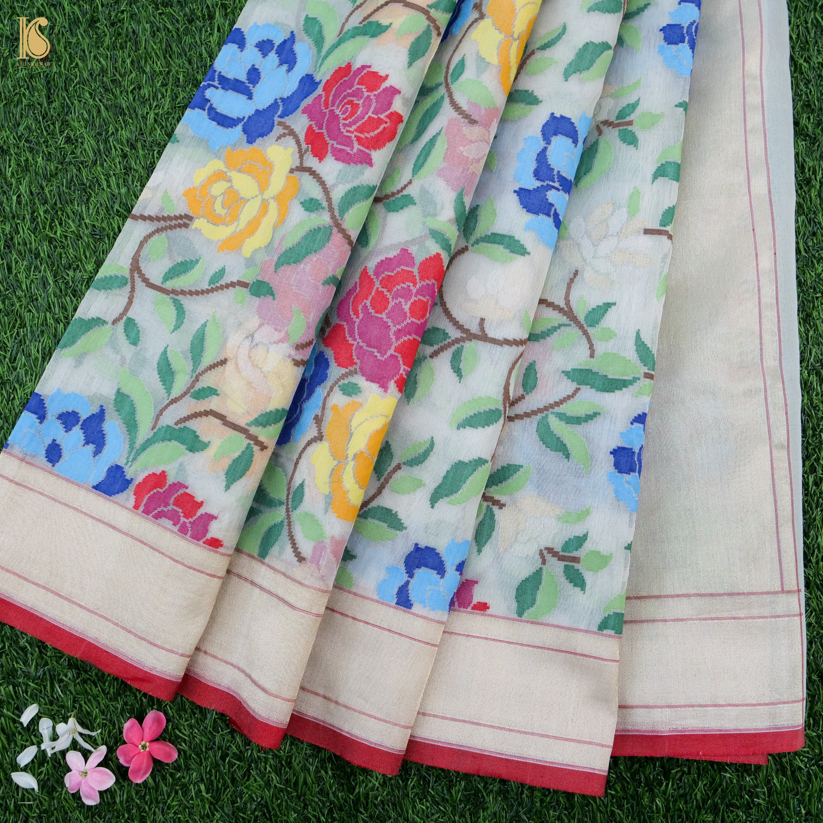 Pearl White Handwoven Pure Cotton by Kora Ektara Real Silver Zari Banarasi Saree - Khinkhwab