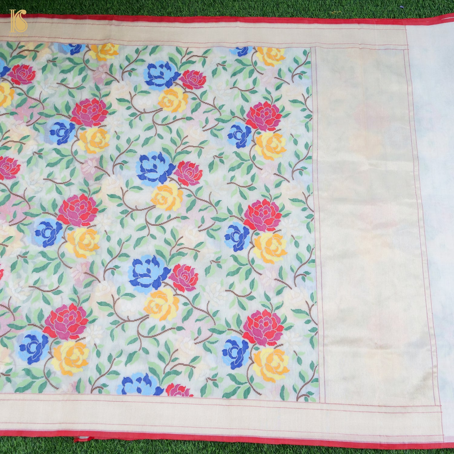 Pearl White Handwoven Pure Cotton by Kora Ektara Real Silver Zari Banarasi Saree - Khinkhwab