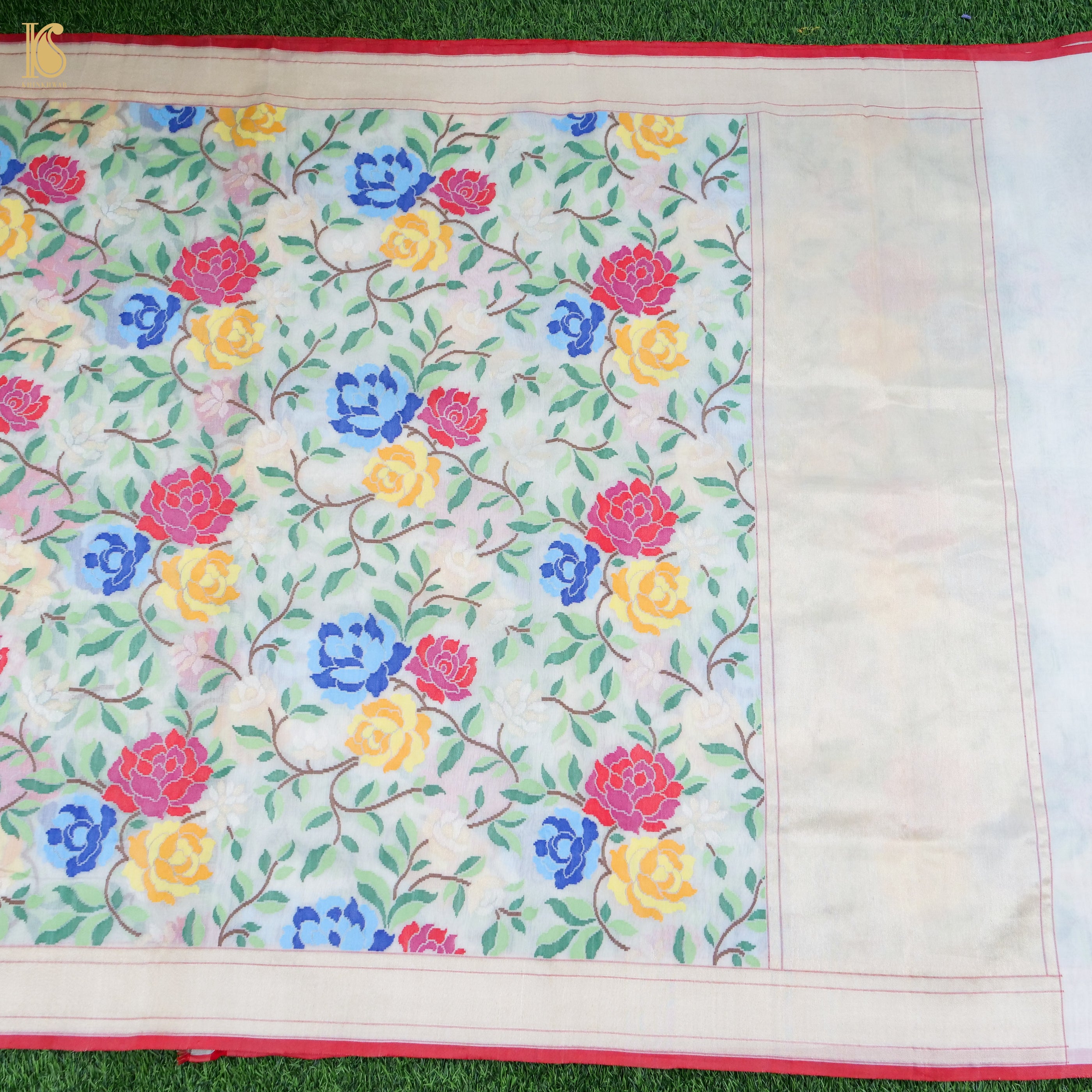 Pearl White Handwoven Pure Cotton by Kora Ektara Real Silver Zari Banarasi Saree - Khinkhwab