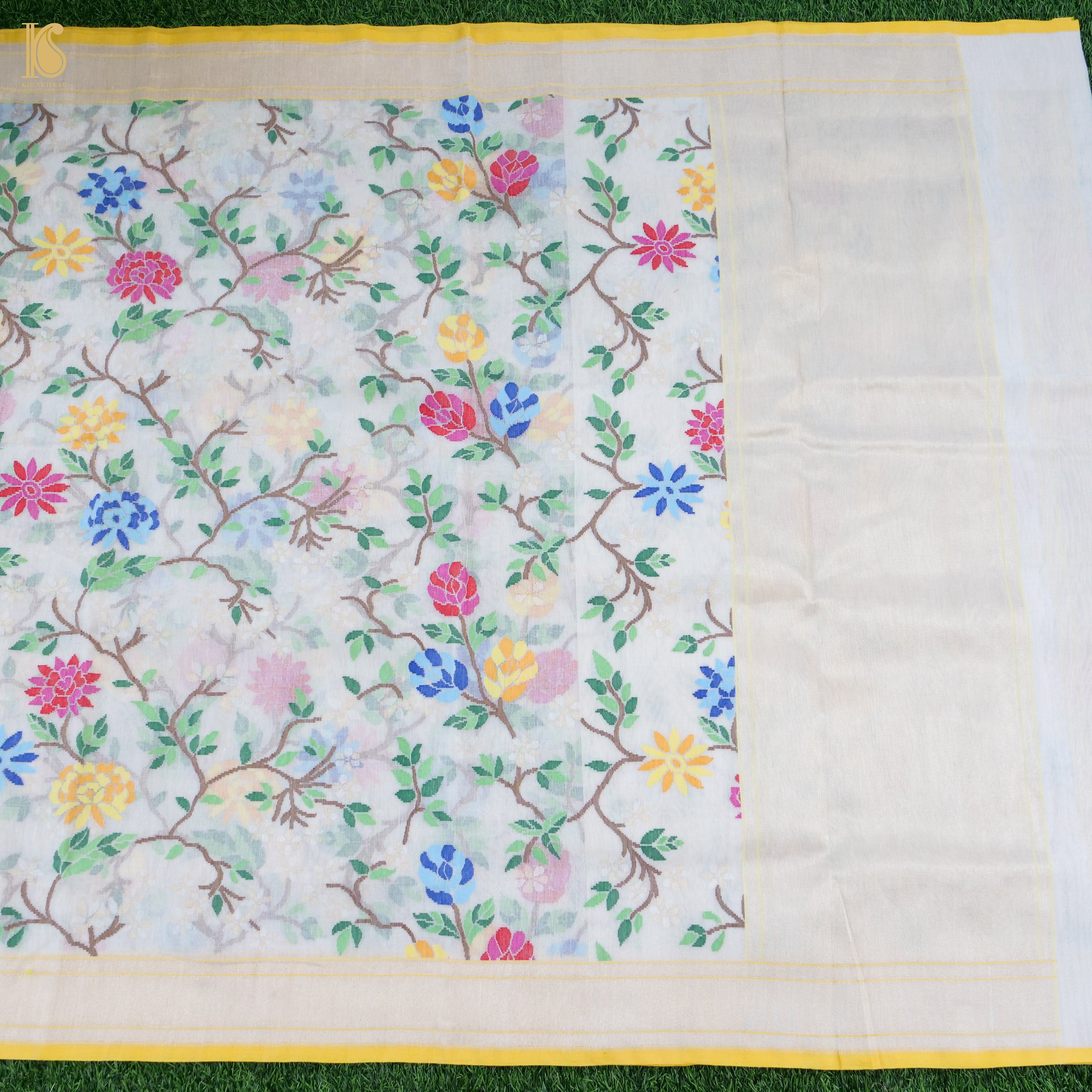 Pearl White Handwoven Pure Cotton Real Silver Zari Banarasi Saree - Khinkhwab