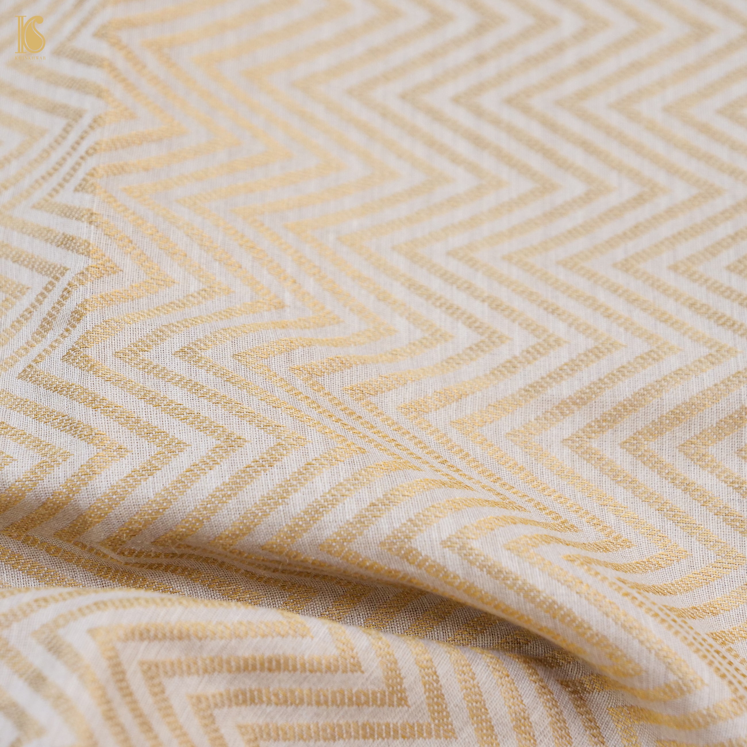 Beige Pure Moonga Silk Handloom Banarasi Dyeable Chevron Fabric - Khinkhwab
