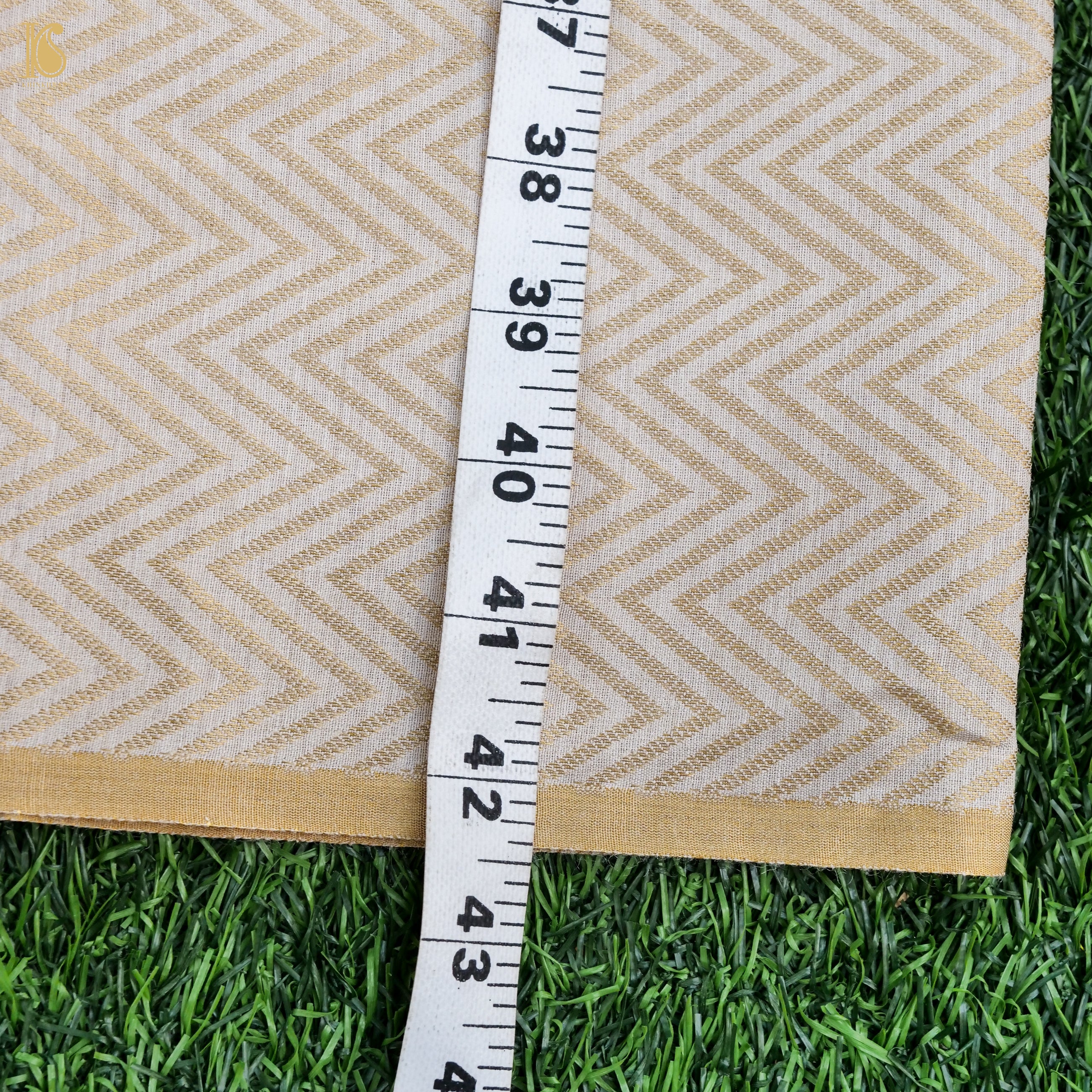 Beige Pure Moonga Silk Handloom Banarasi Dyeable Chevron Fabric - Khinkhwab