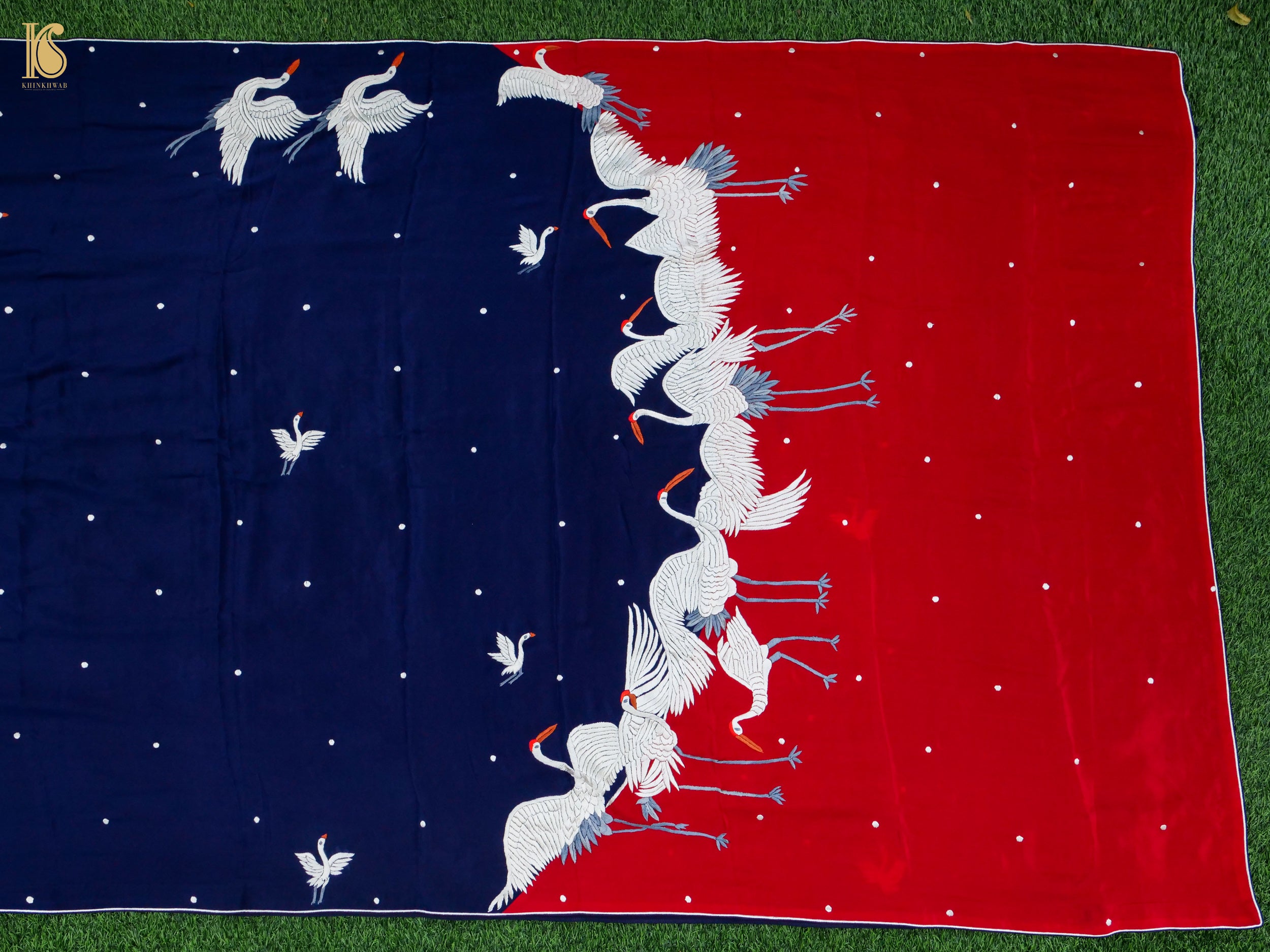 Blue & Red Handcrafted Parsi Gara Pure Crepe Swan Saree - Khinkhwab
