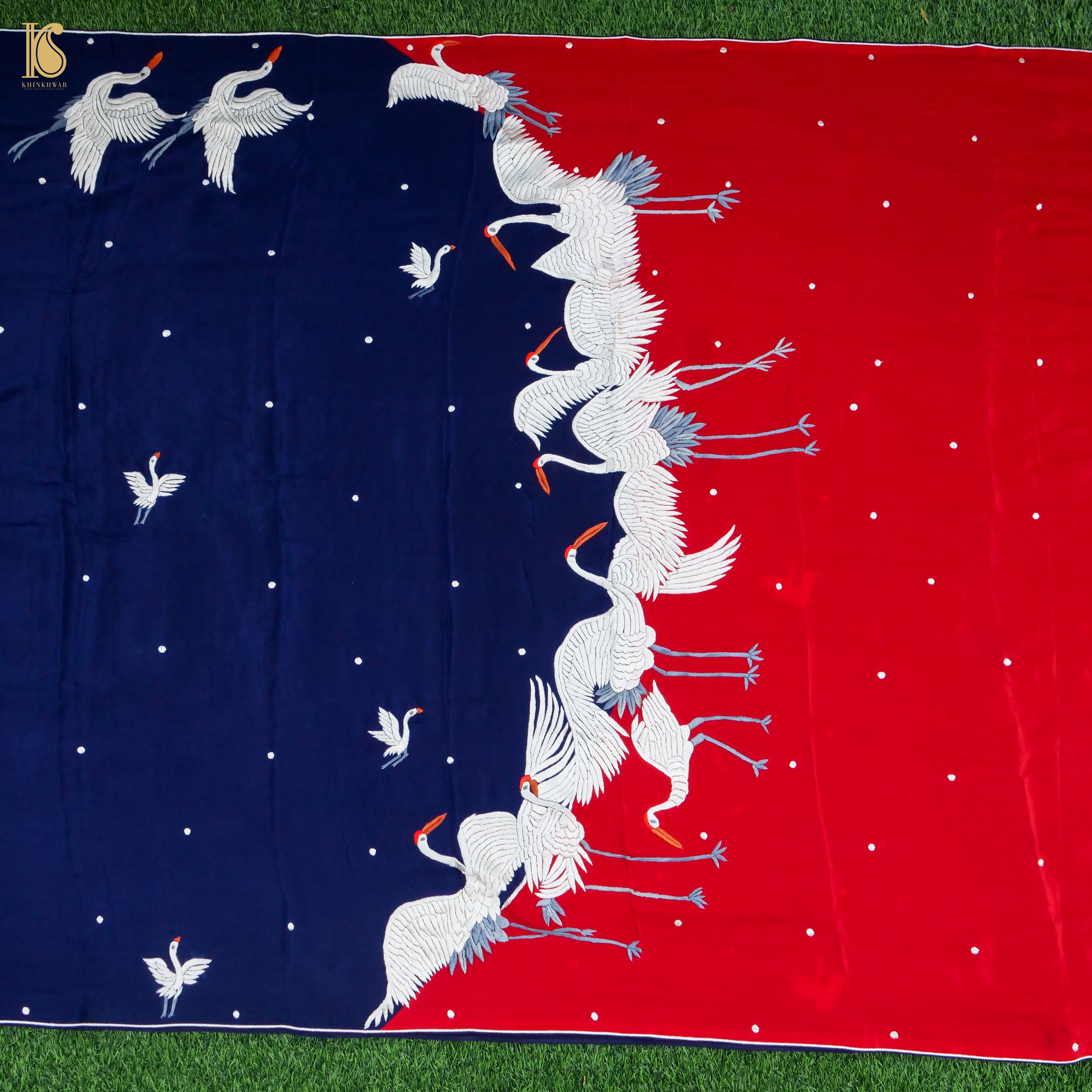 Blue & Red Handcrafted Parsi Gara Pure Crepe Swan Saree - Khinkhwab