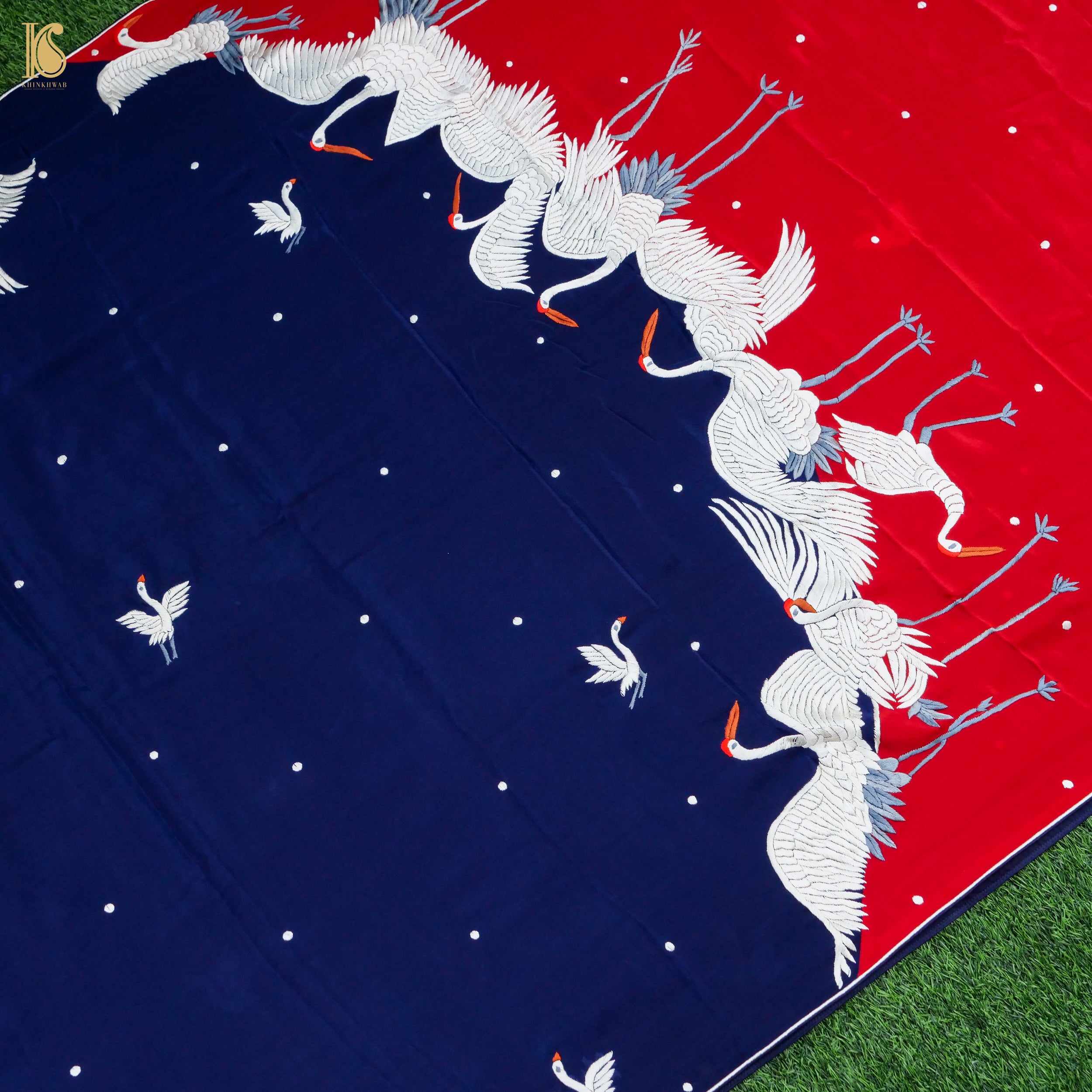 Blue & Red Handcrafted Parsi Gara Pure Crepe Swan Saree - Khinkhwab