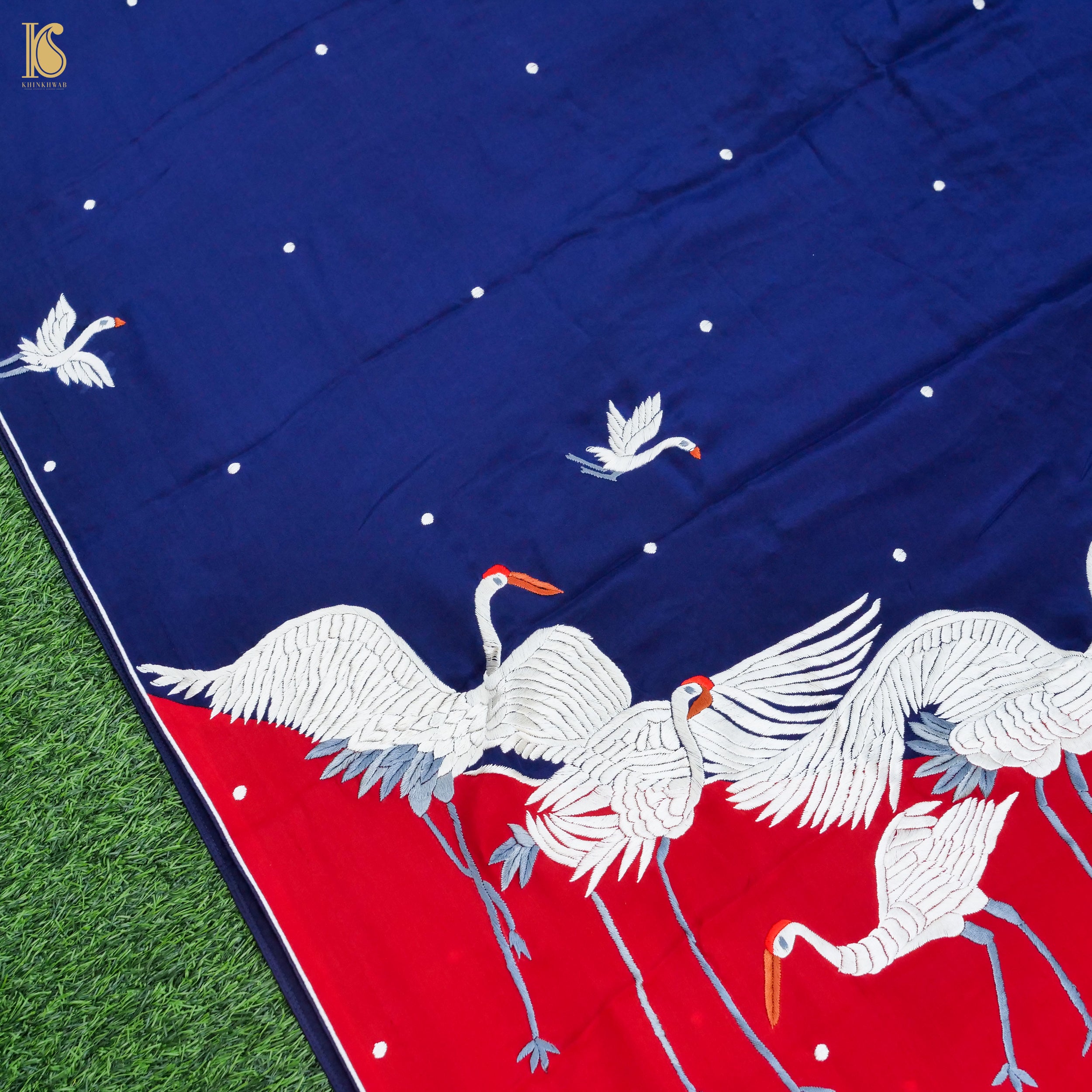 Blue & Red Handcrafted Parsi Gara Pure Crepe Swan Saree - Khinkhwab