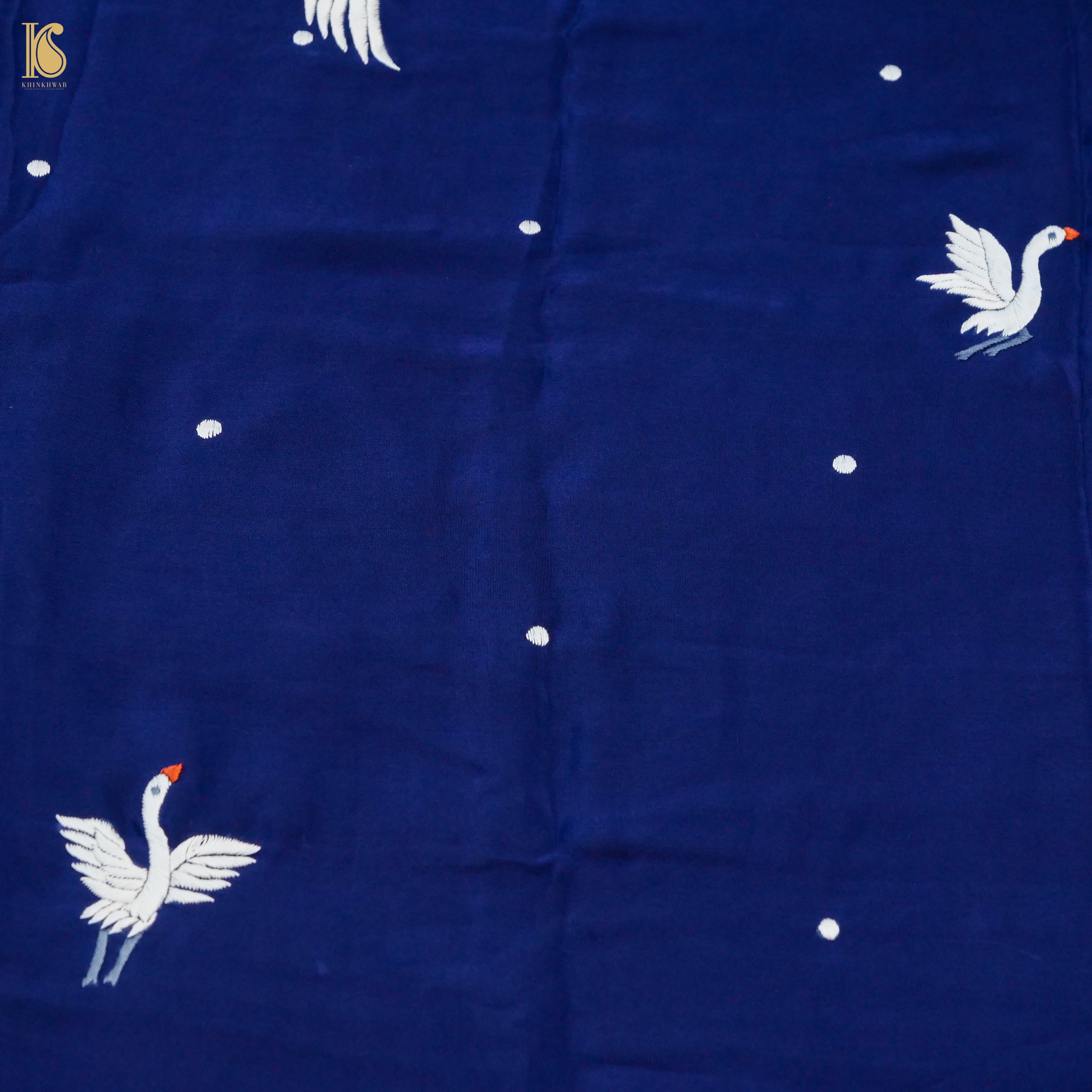 Blue & Red Handcrafted Parsi Gara Pure Crepe Swan Saree - Khinkhwab