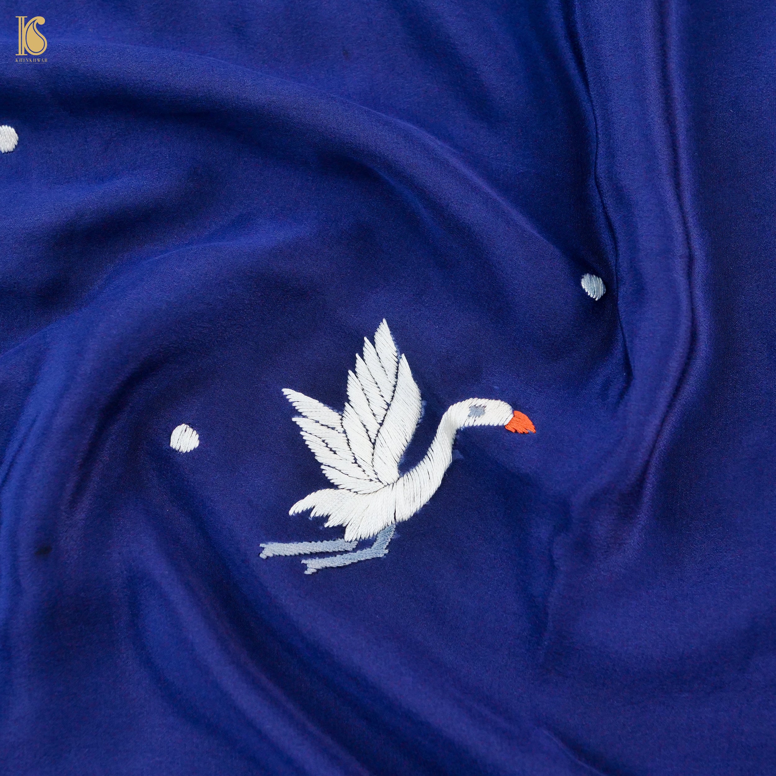 Blue & Red Handcrafted Parsi Gara Pure Crepe Swan Saree - Khinkhwab
