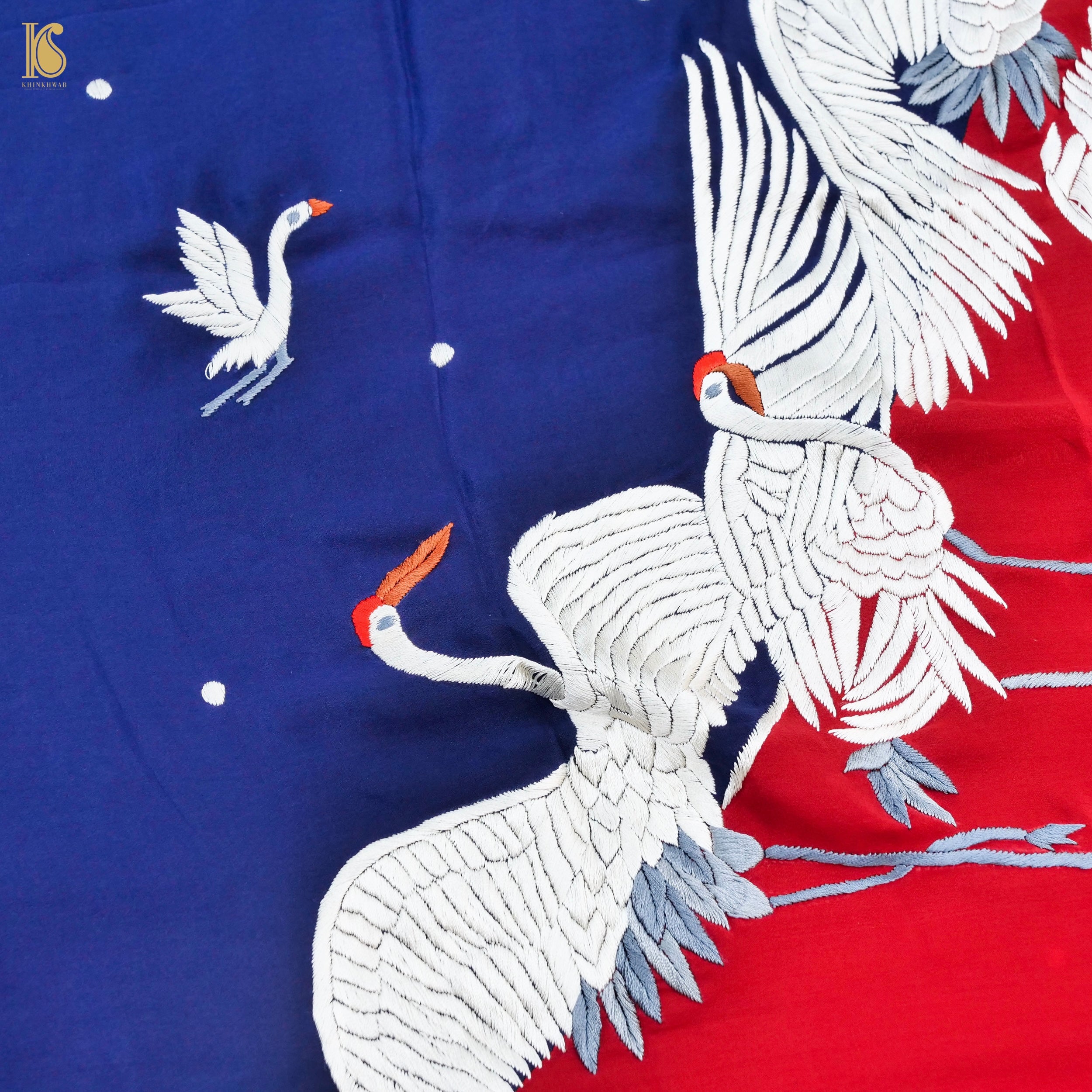 Blue & Red Handcrafted Parsi Gara Pure Crepe Swan Saree - Khinkhwab