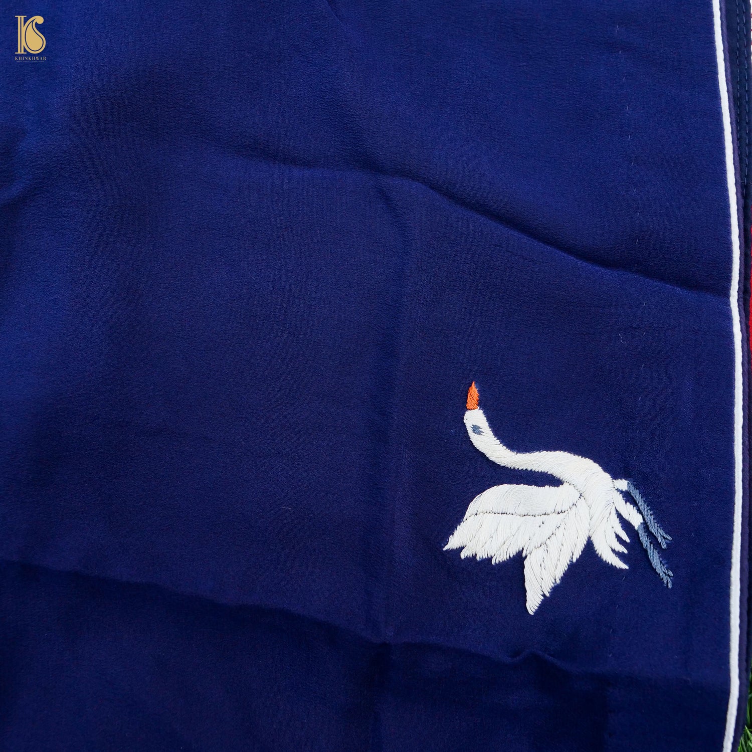 Blue & Red Handcrafted Parsi  Gara Pure Crepe Swan Saree - Khinkhwab