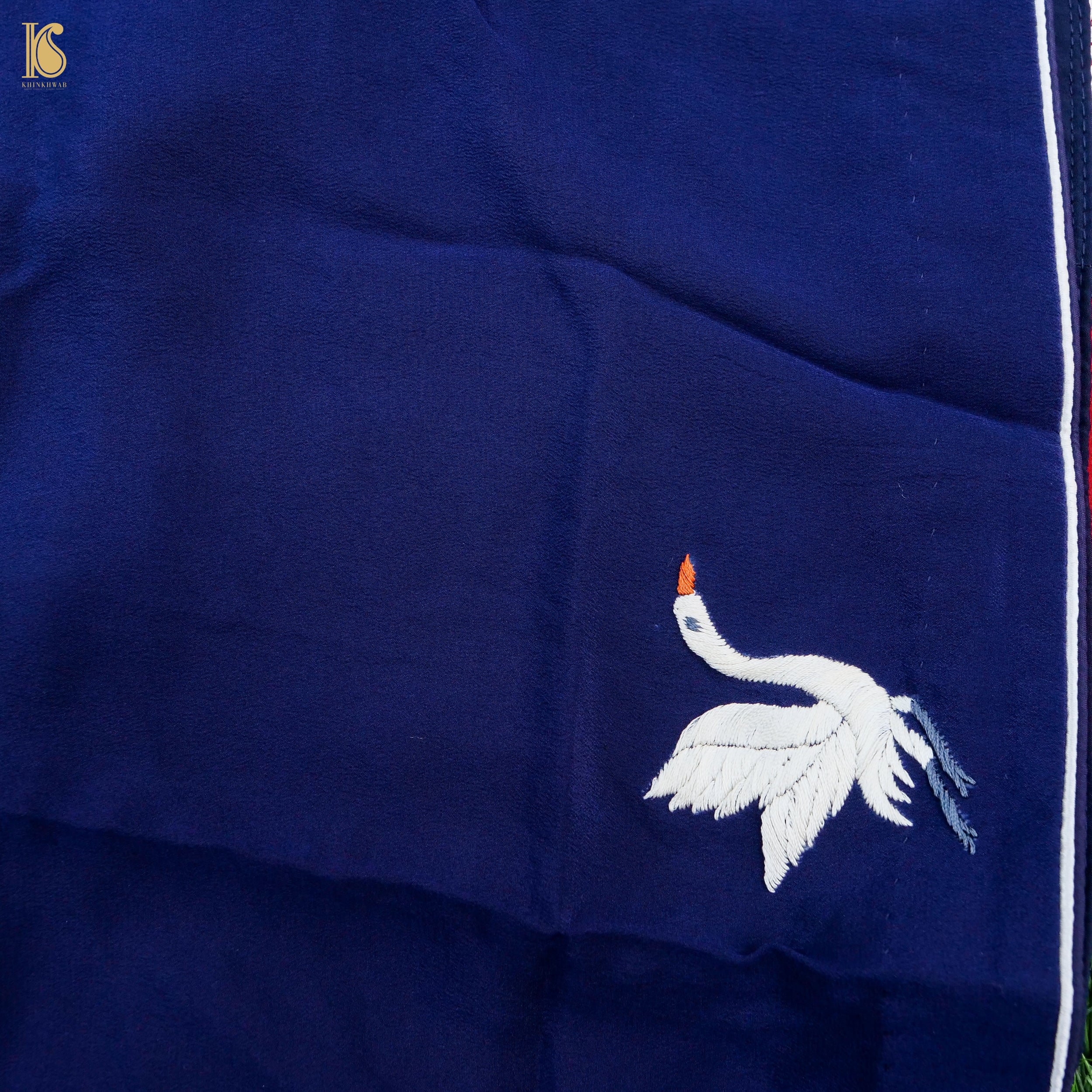 Blue & Red Handcrafted Parsi Gara Pure Crepe Swan Saree - Khinkhwab