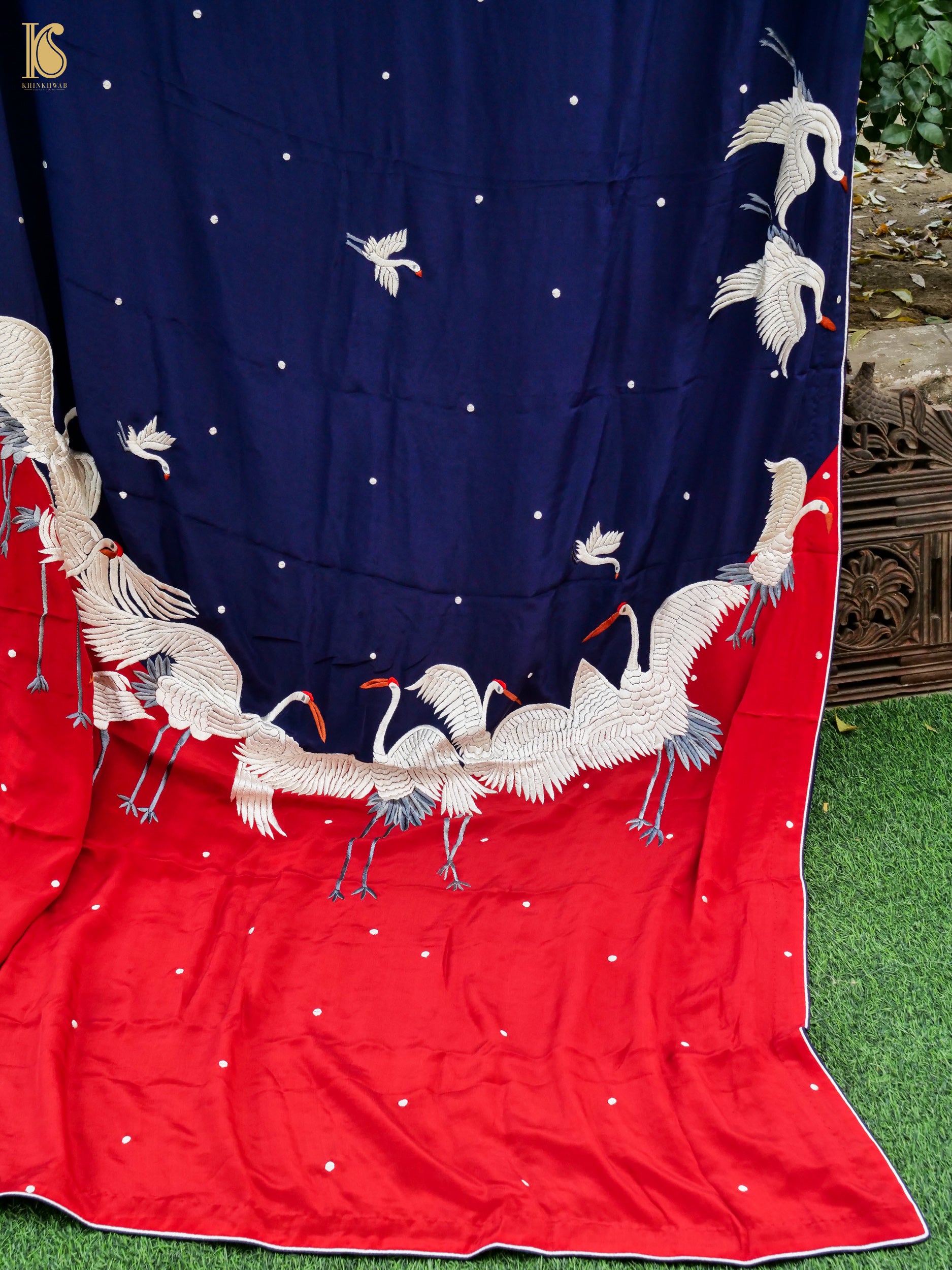Blue & Red Handcrafted Parsi Gara Pure Crepe Swan Saree - Khinkhwab