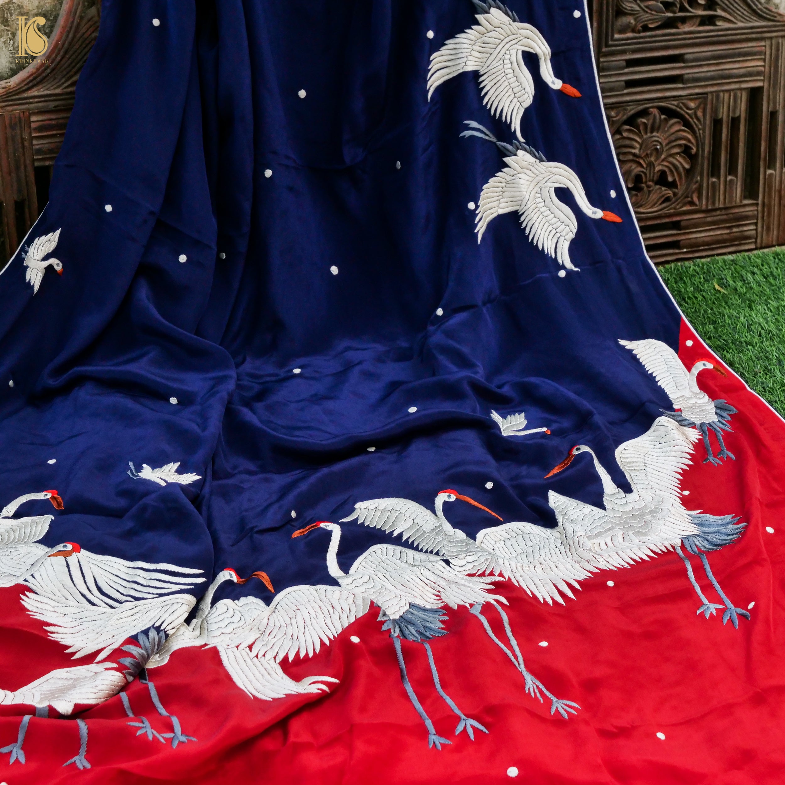 Blue & Red Handcrafted Parsi Gara Pure Crepe Swan Saree - Khinkhwab