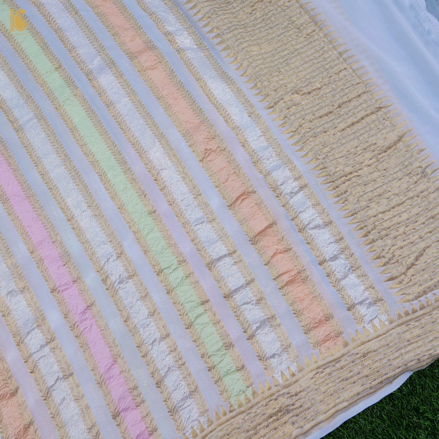 White Pure Georgette Handloom Banarasi Stripes Dupatta - Khinkhwab