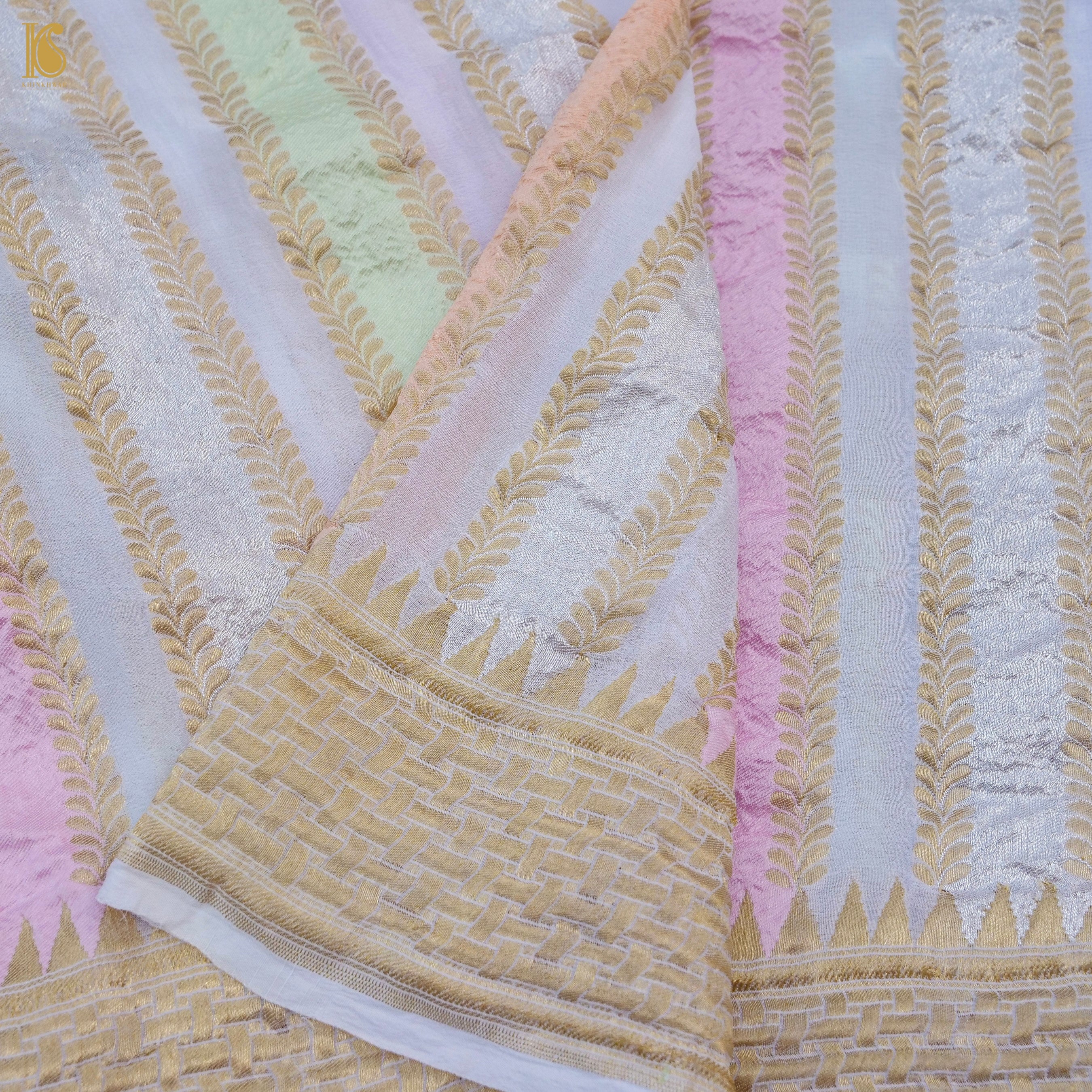 White Pure Georgette Handloom Banarasi Stripes Dupatta - Khinkhwab