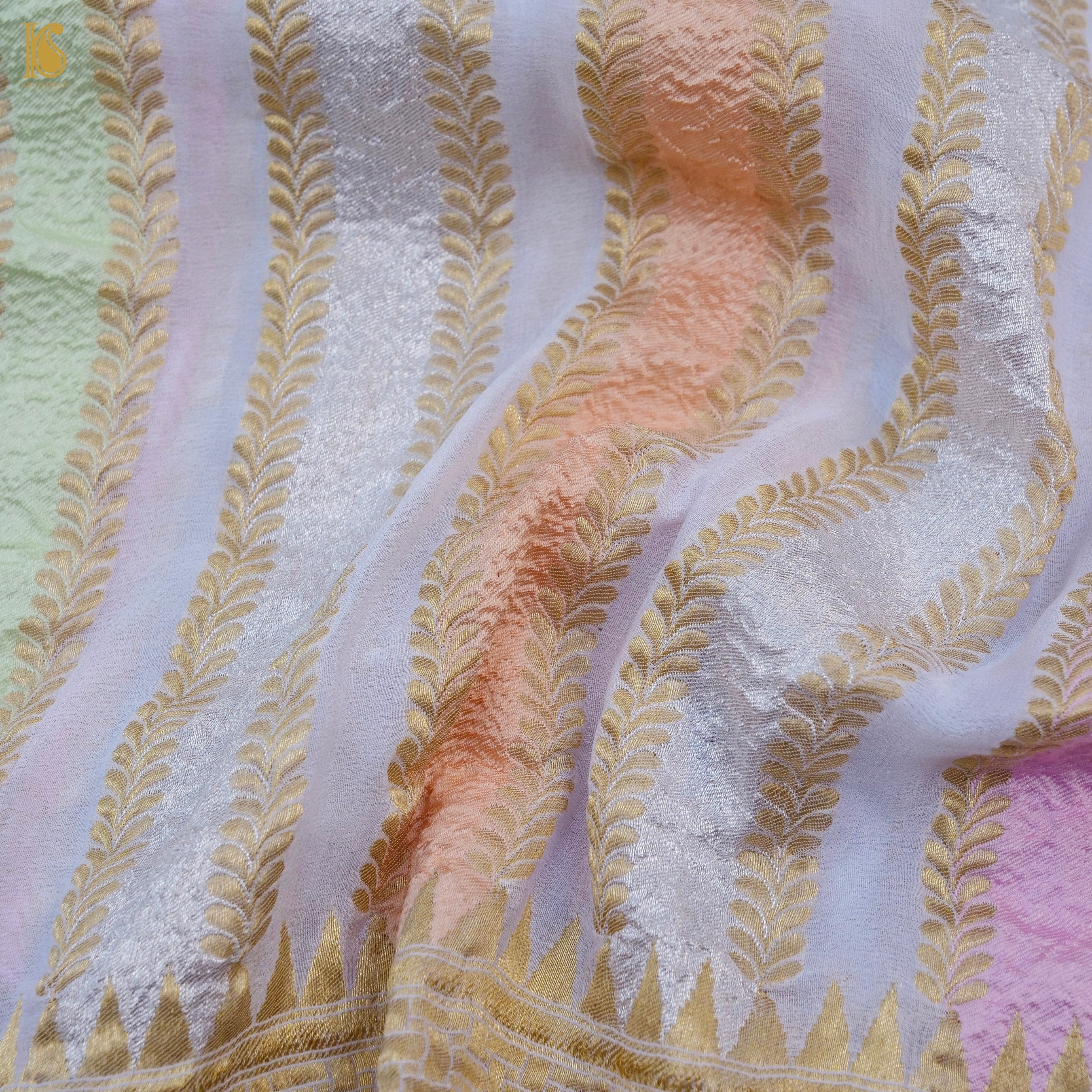 White Pure Georgette Handloom Banarasi Stripes Dupatta - Khinkhwab