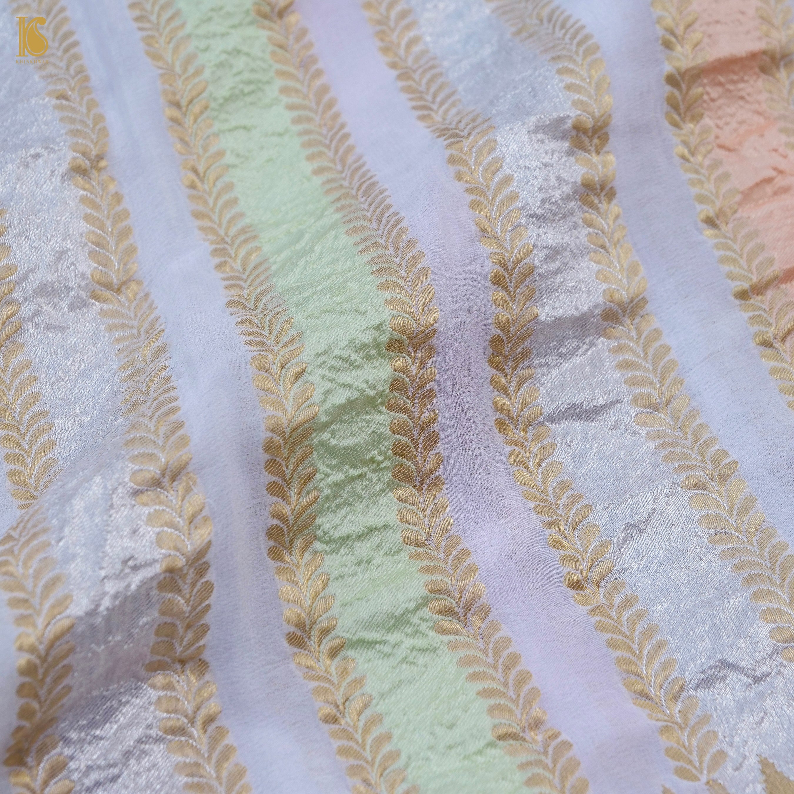 White Pure Georgette Handloom Banarasi Stripes Dupatta - Khinkhwab