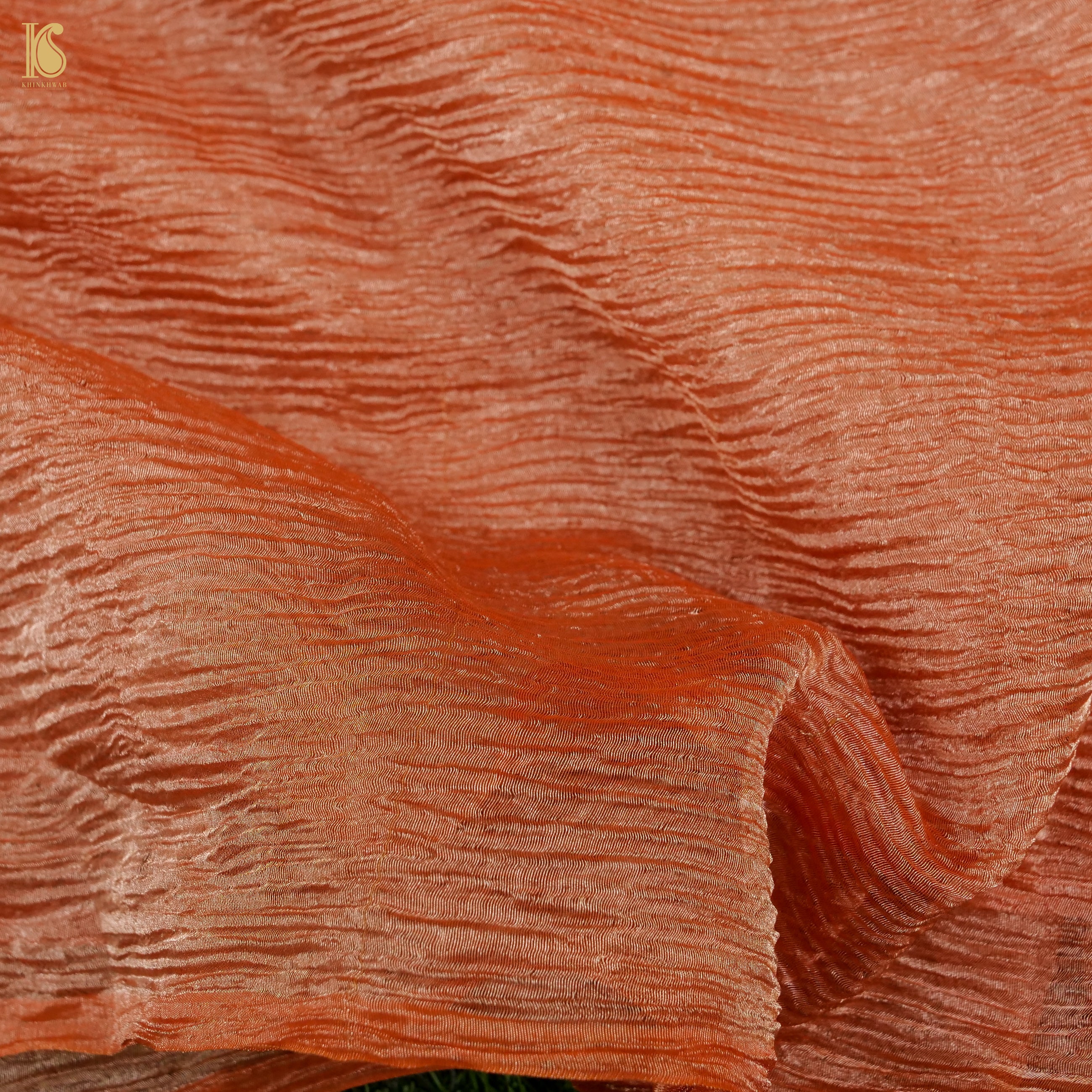 Trinidad Orange Wrinkle Pure Tissue Silk Saree - Khinkhwab