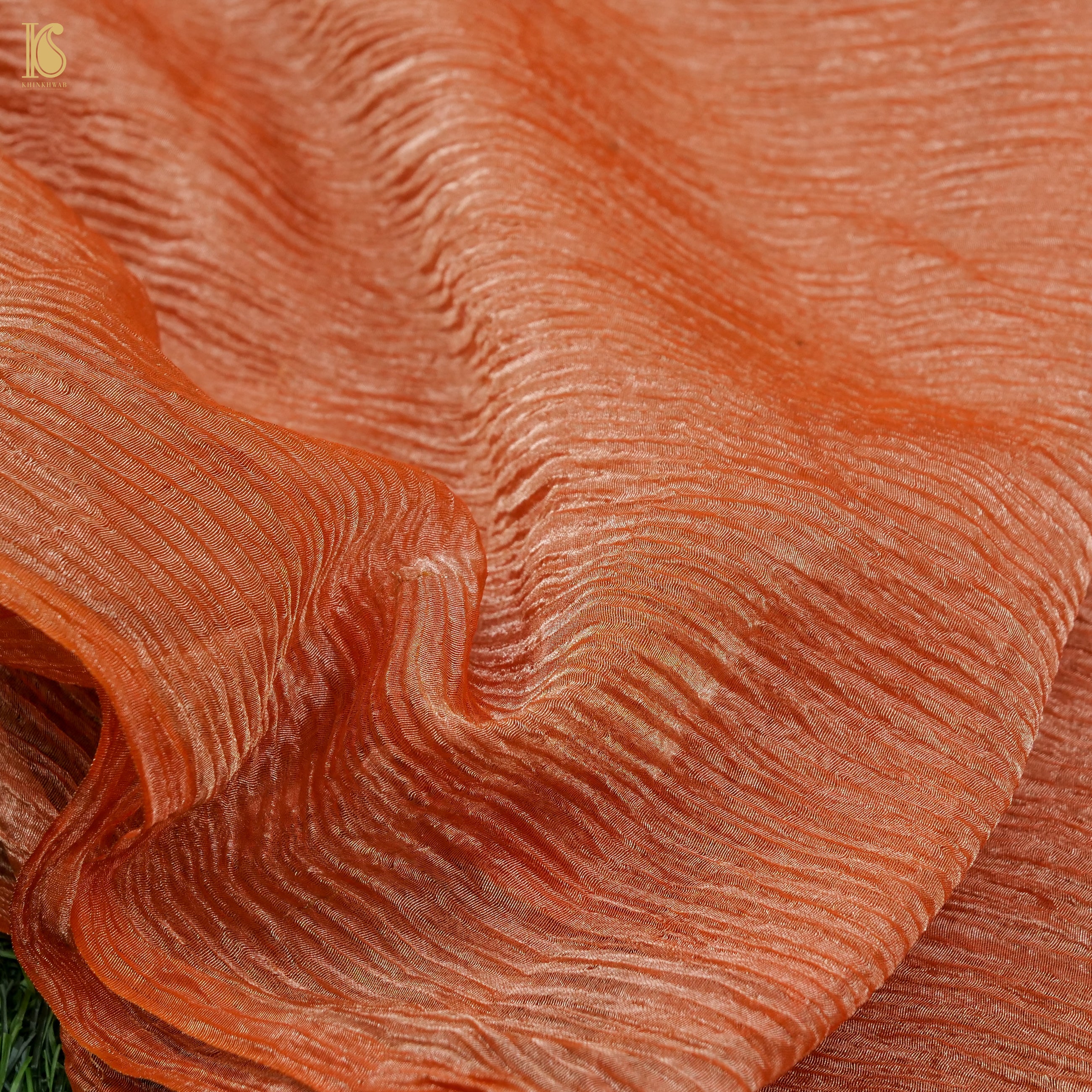 Trinidad Orange Wrinkle Pure Tissue Silk Saree - Khinkhwab