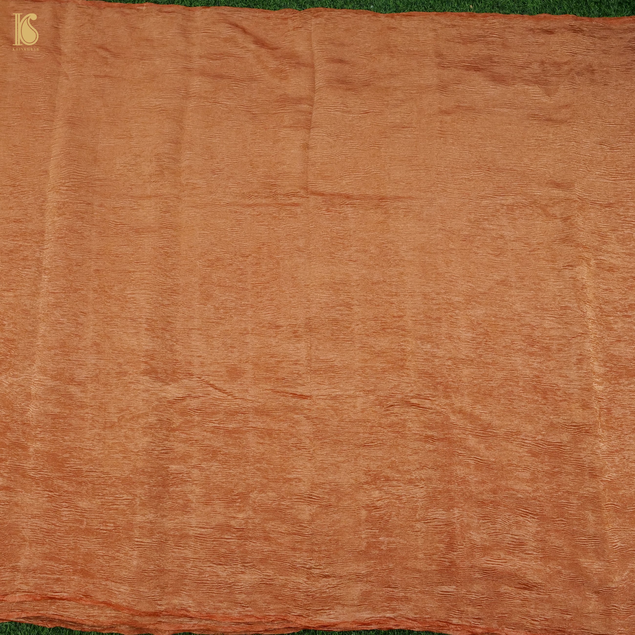 Red Damask Orange Wrinkle Pure Tissue Silk Saree - Khinkhwab