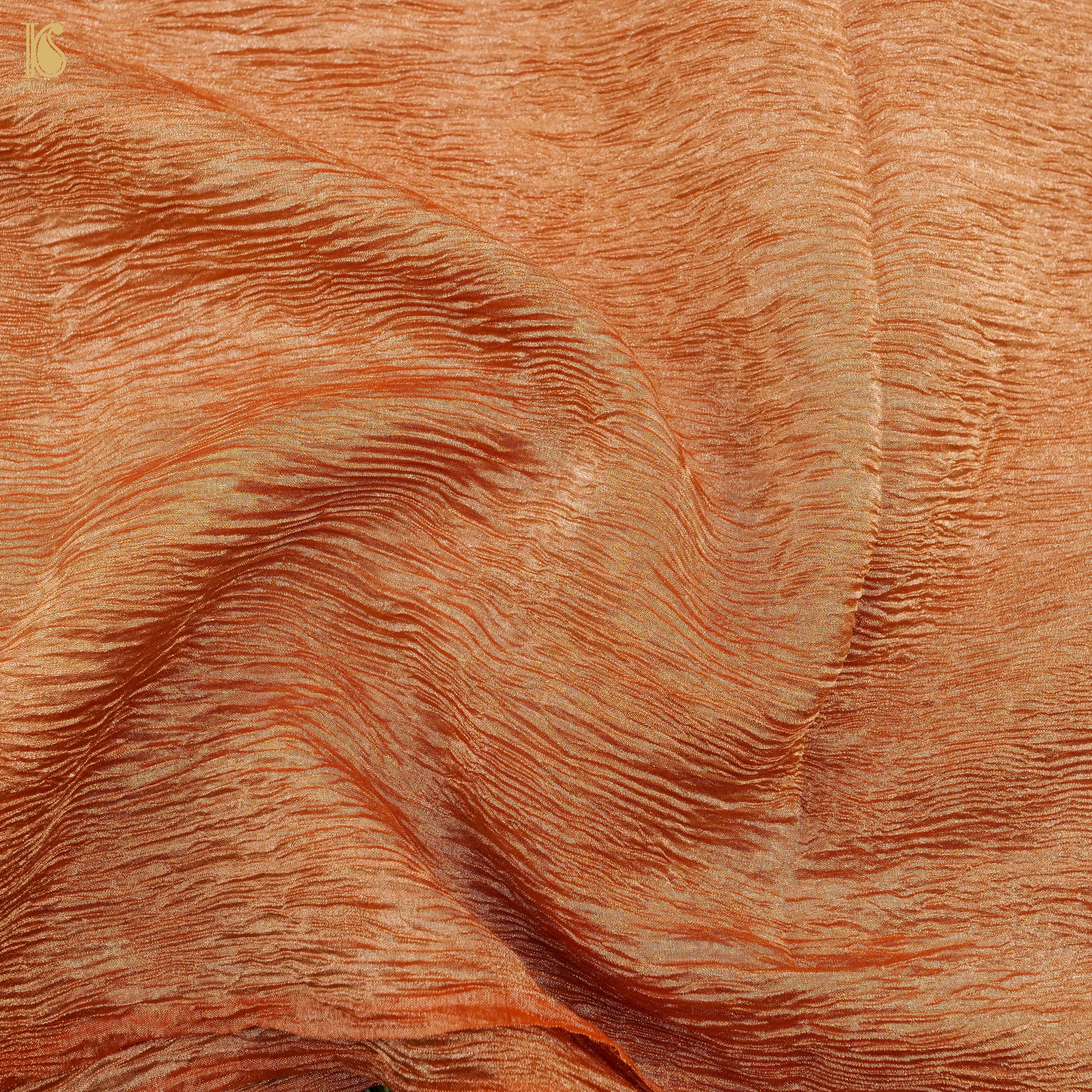 Red Damask Orange Wrinkle Pure Tissue Silk Saree - Khinkhwab