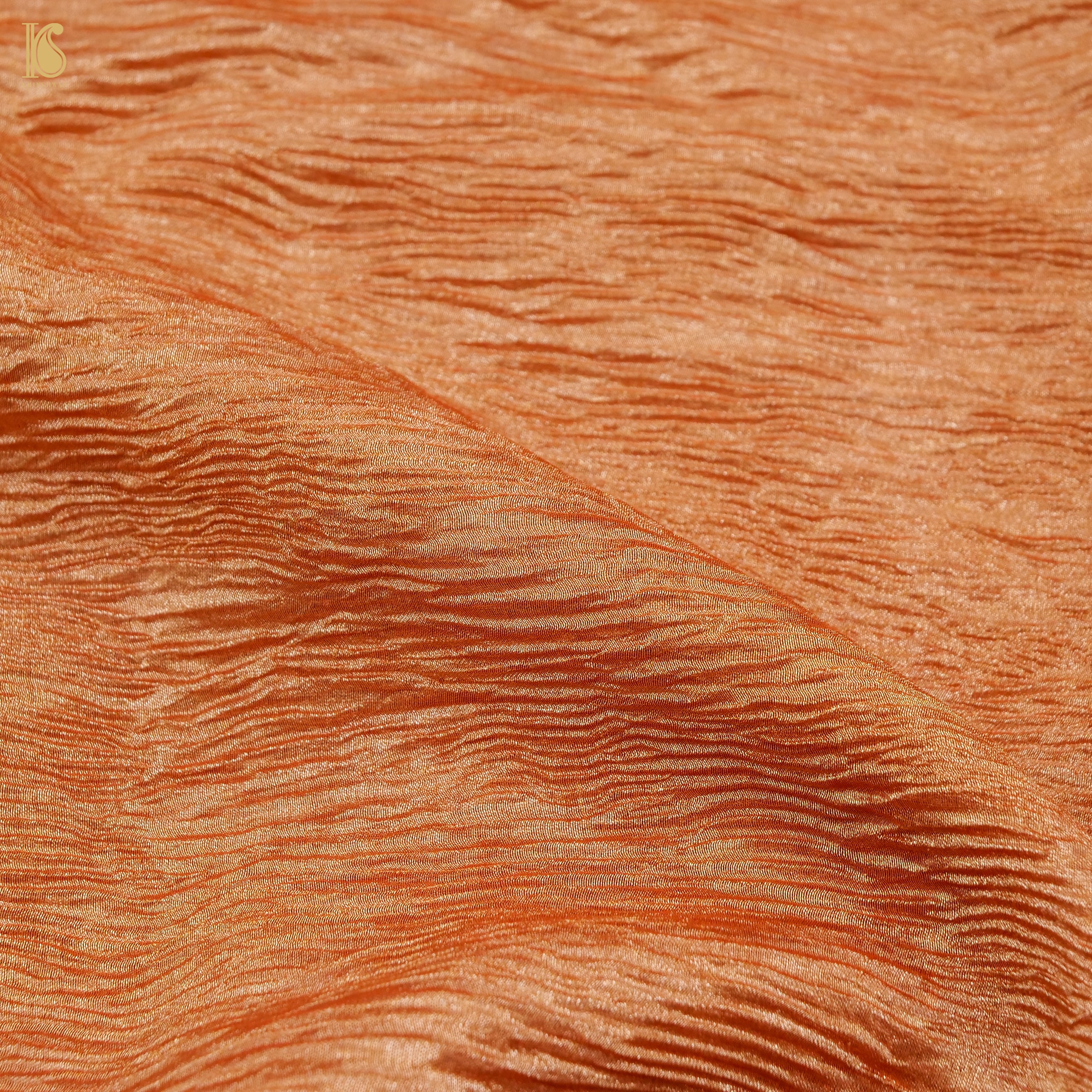 Red Damask Orange Wrinkle Pure Tissue Silk Saree - Khinkhwab