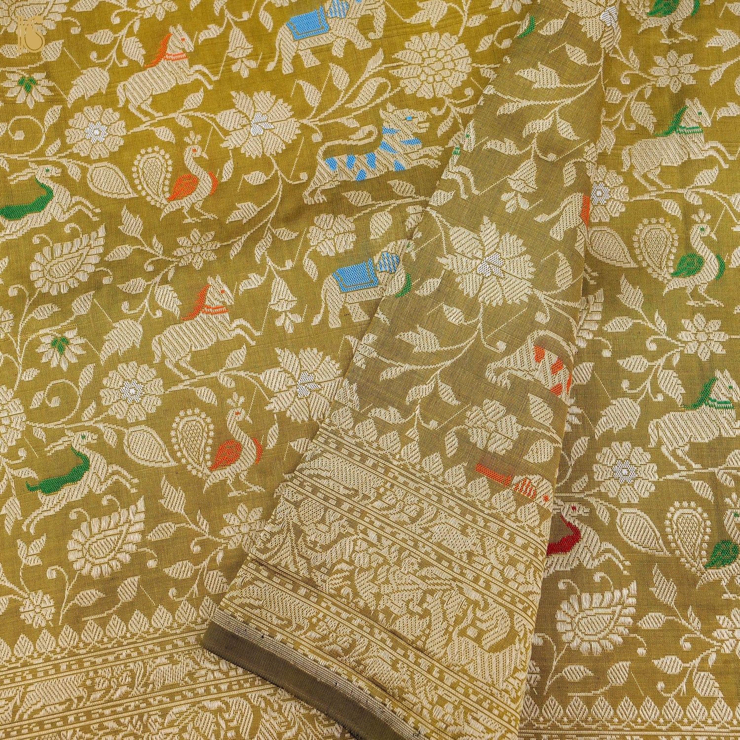 Reef Gold Pure Katan Silk Handwoven Banarasi Shikargah Dupatta - Preorder - Khinkhwab