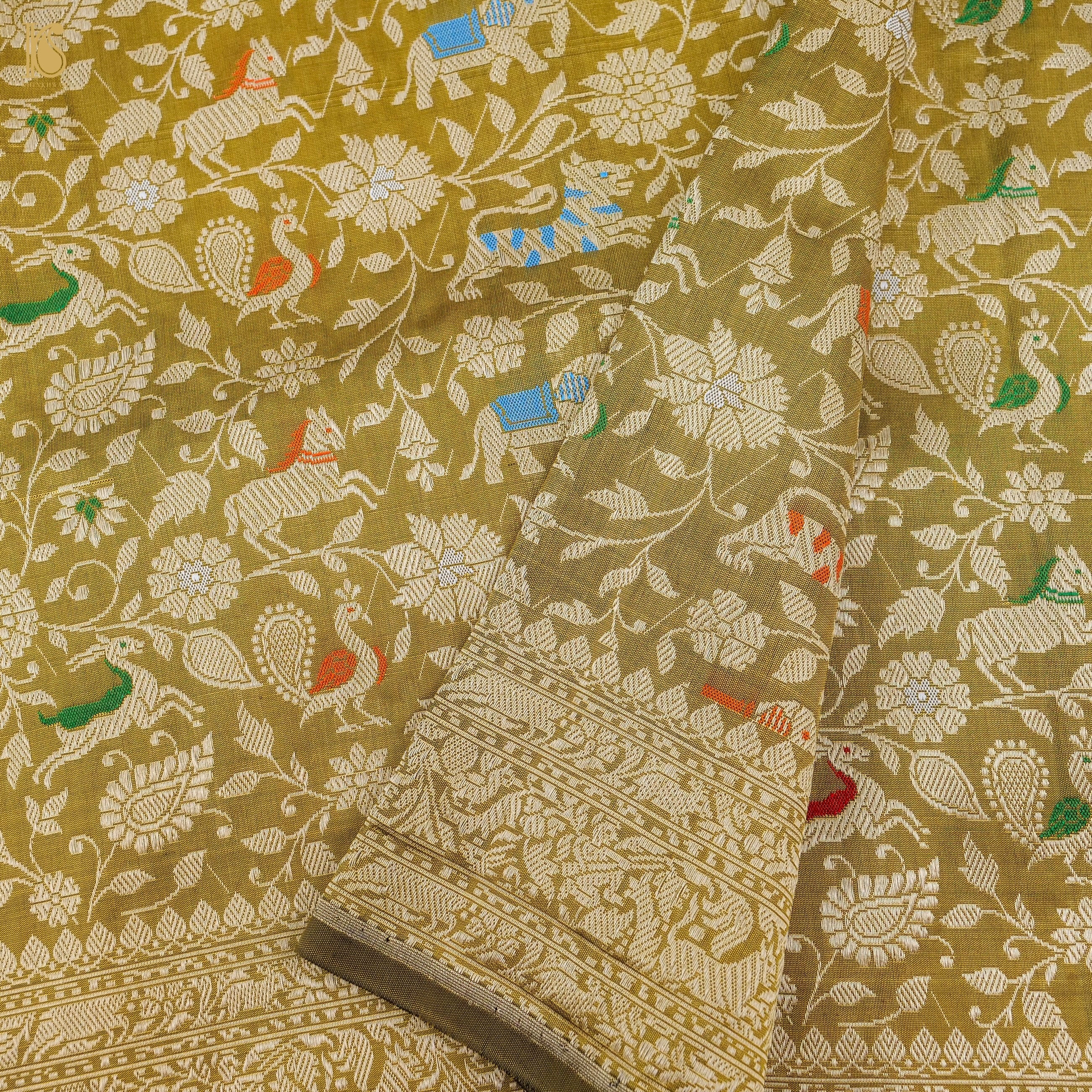 Reef Gold Pure Katan Silk Handwoven Banarasi Shikargah Dupatta - Preorder - Khinkhwab