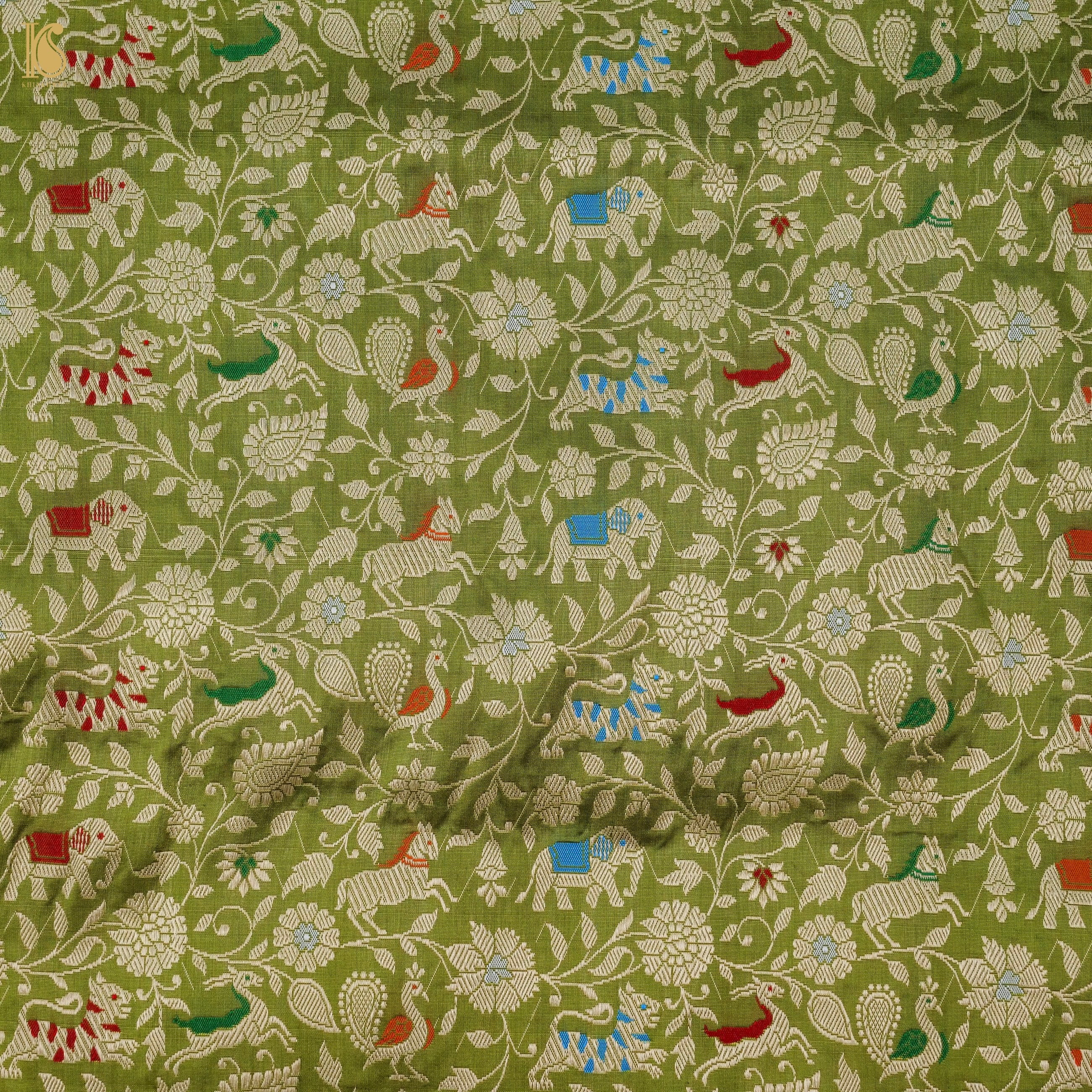 Handwoven Olive Green Pure Katan Silk Banarasi Shikargah Fabric - Khinkhwab